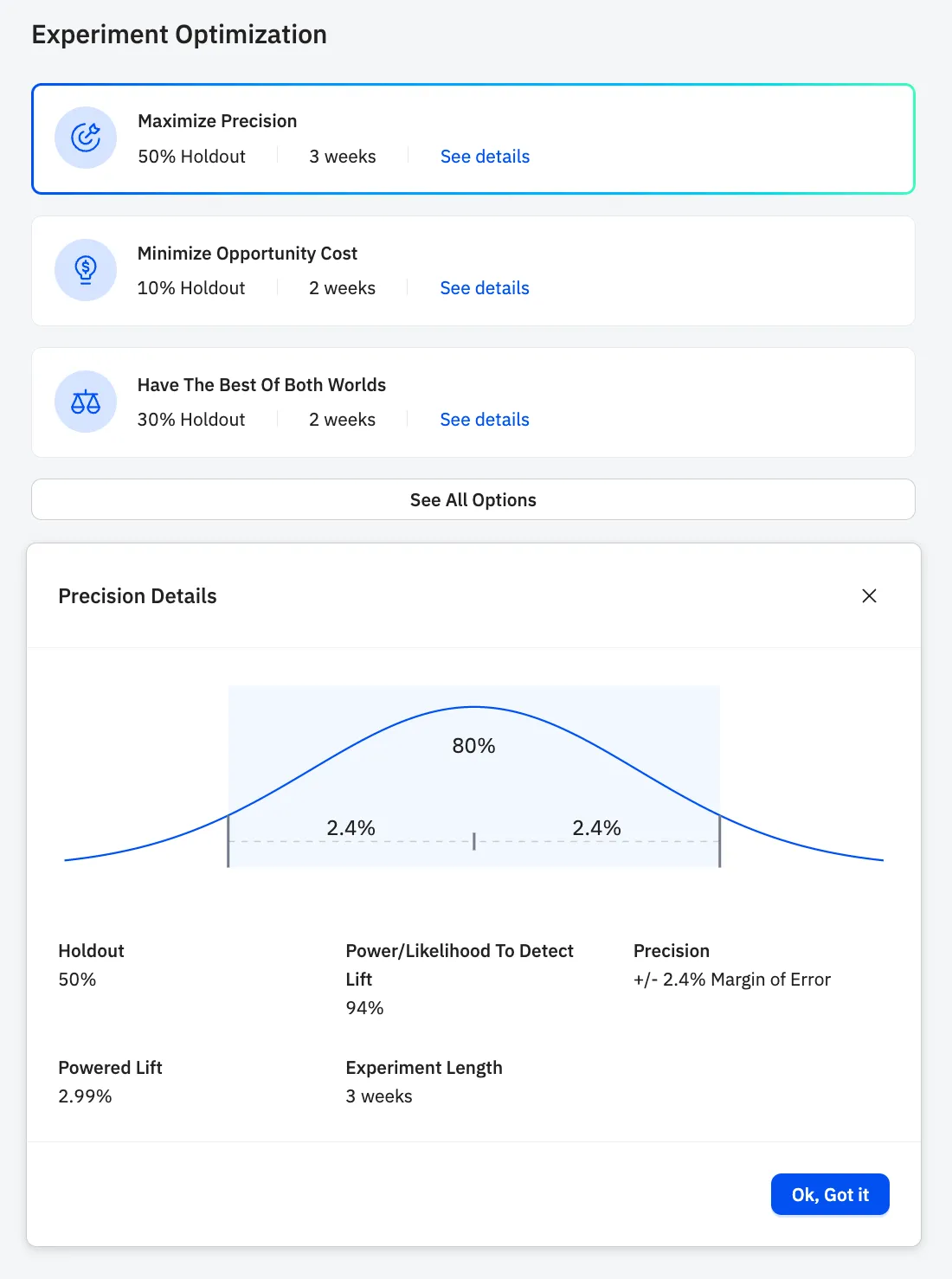 Haus app screenshot illustrating Experiment Optimization options and related Precision Details