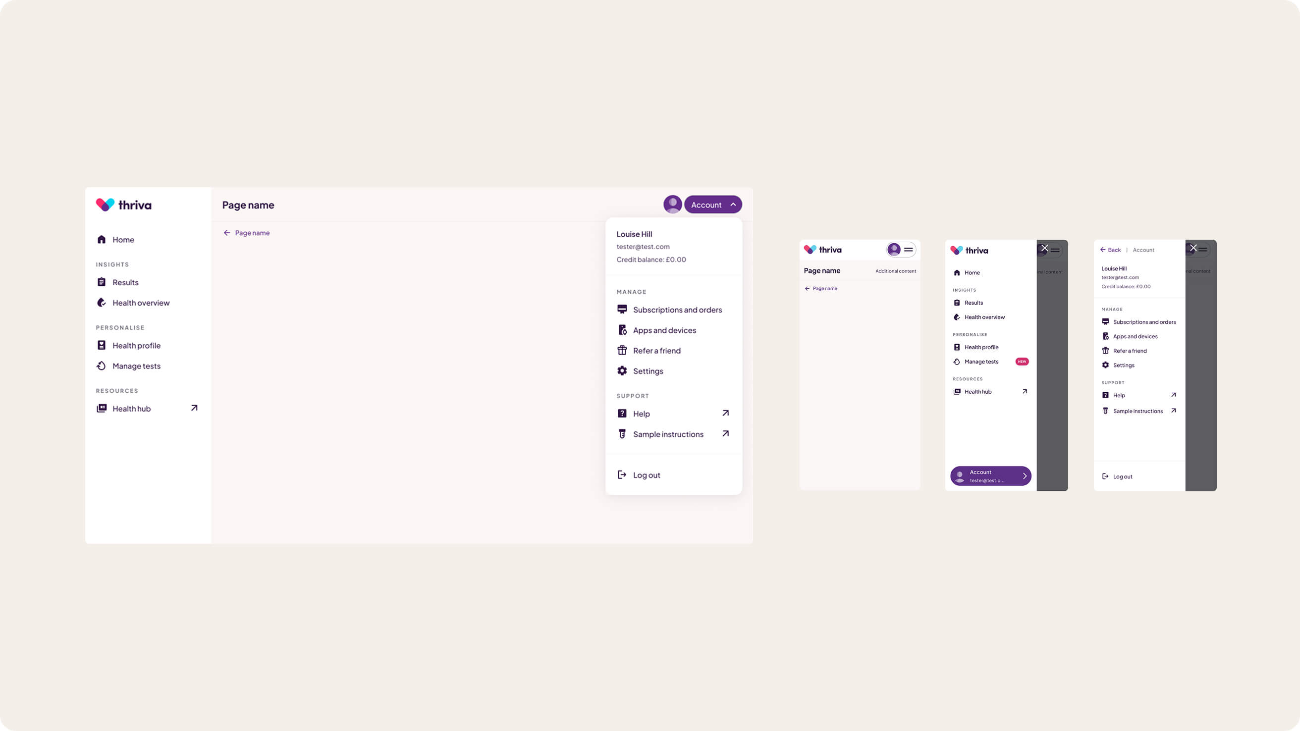 New navigation for the Thriva web app on both desktop and mobile screens.