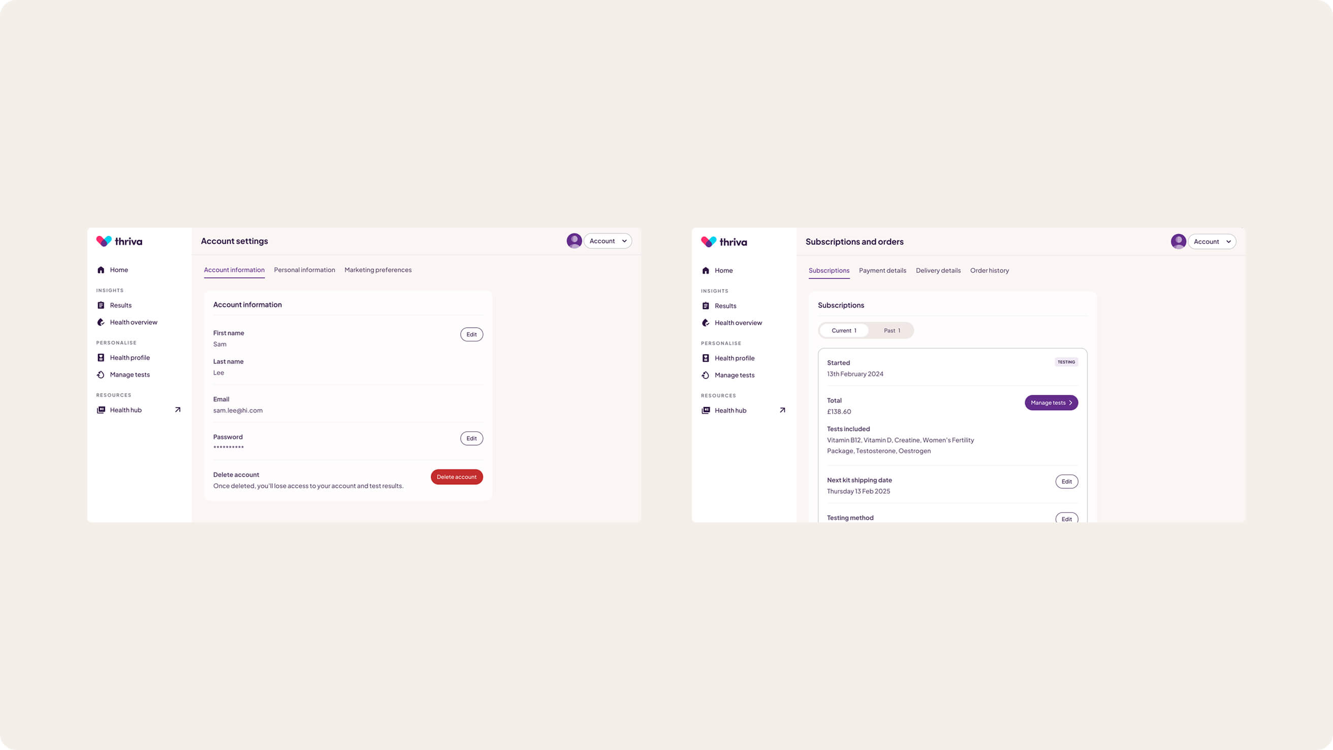 Settings screens for Thriva. On the left, account settings is shown and on the right, subscriptions and orders settings is shown.