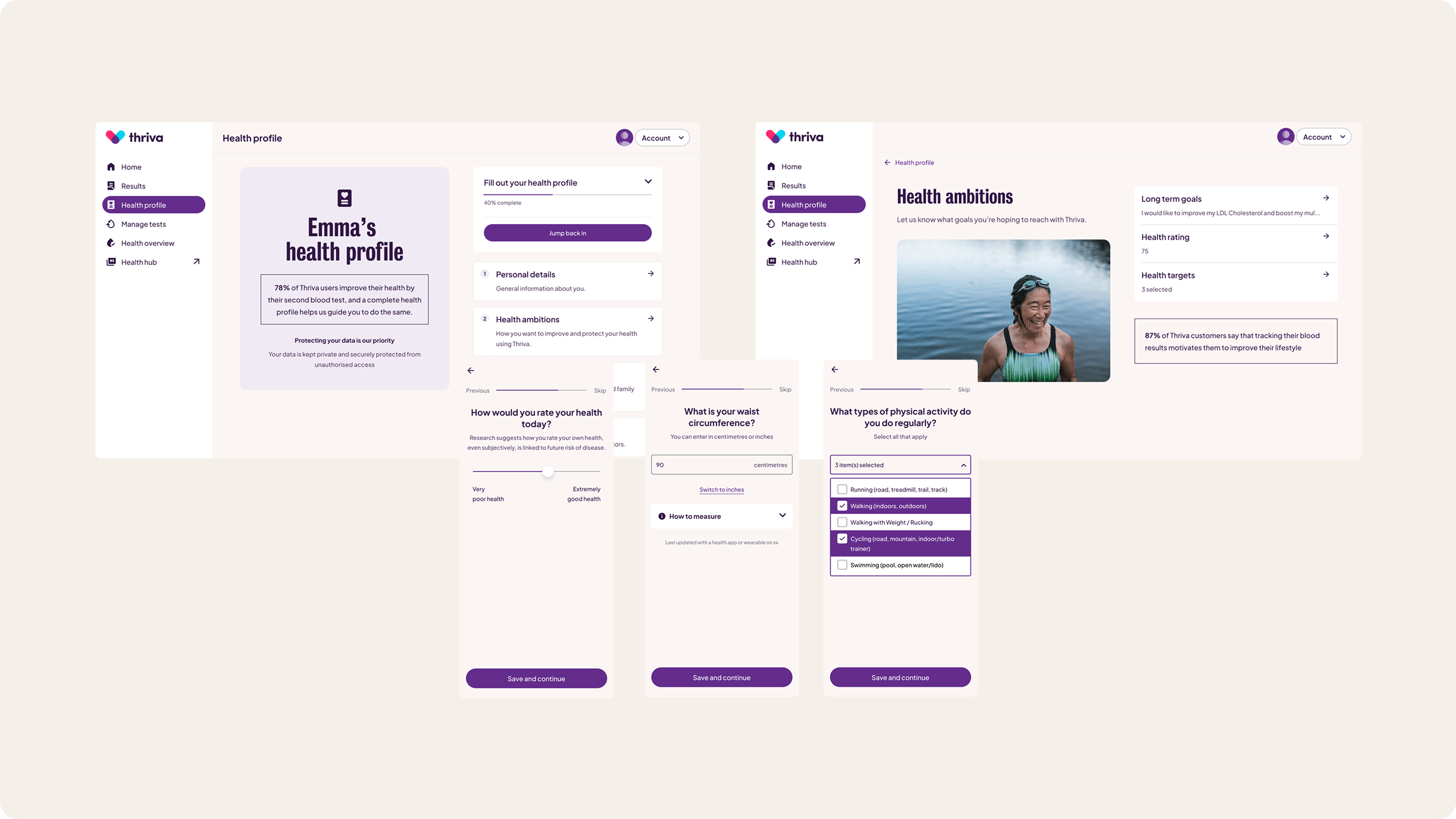 Screens on web and mobile showing parts of the health profile questionnaire