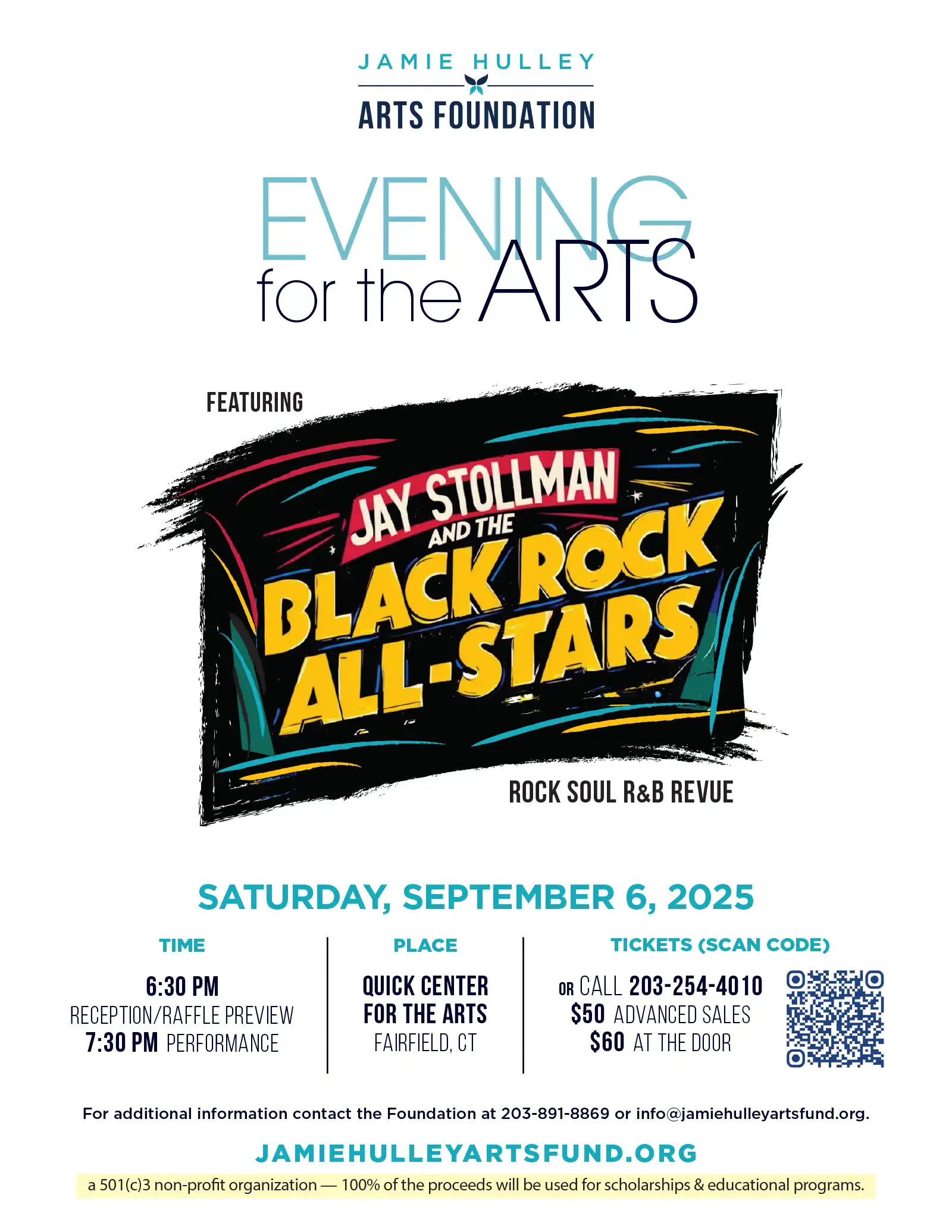 Poster for the Jamie Hulley Arts Foundation’s Evening for the Arts on September 6, 2025, featuring Jay Stollman and the Black Rock All-Stars in Fairfield, CT.