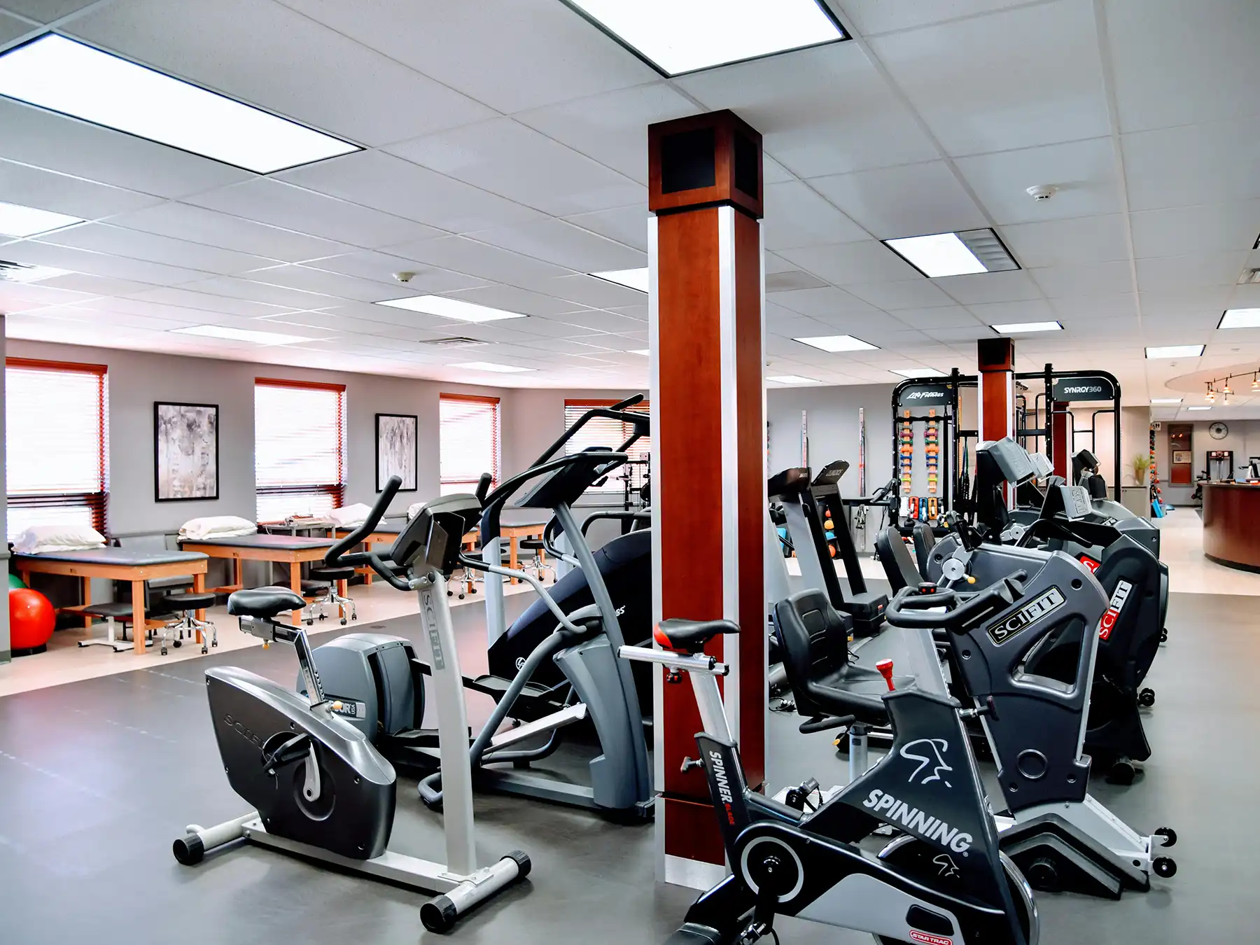 Modern physical therapy gym with exercise bikes, elliptical machines, weights, and treatment tables in a bright, clean, and welcoming space.
