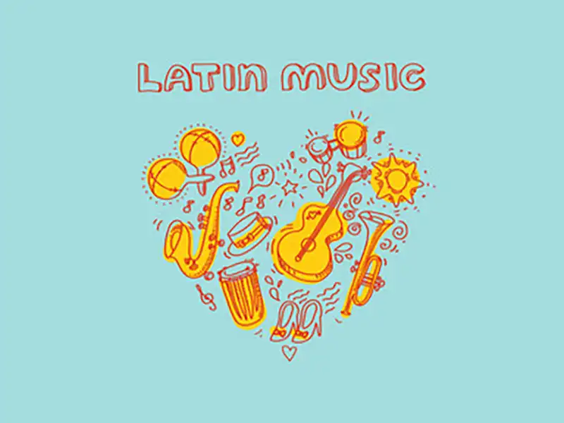 Heart-shaped illustration featuring Latin music instruments like guitar, saxophone, bongos, maracas, trumpet, and musical notes on a blue background.