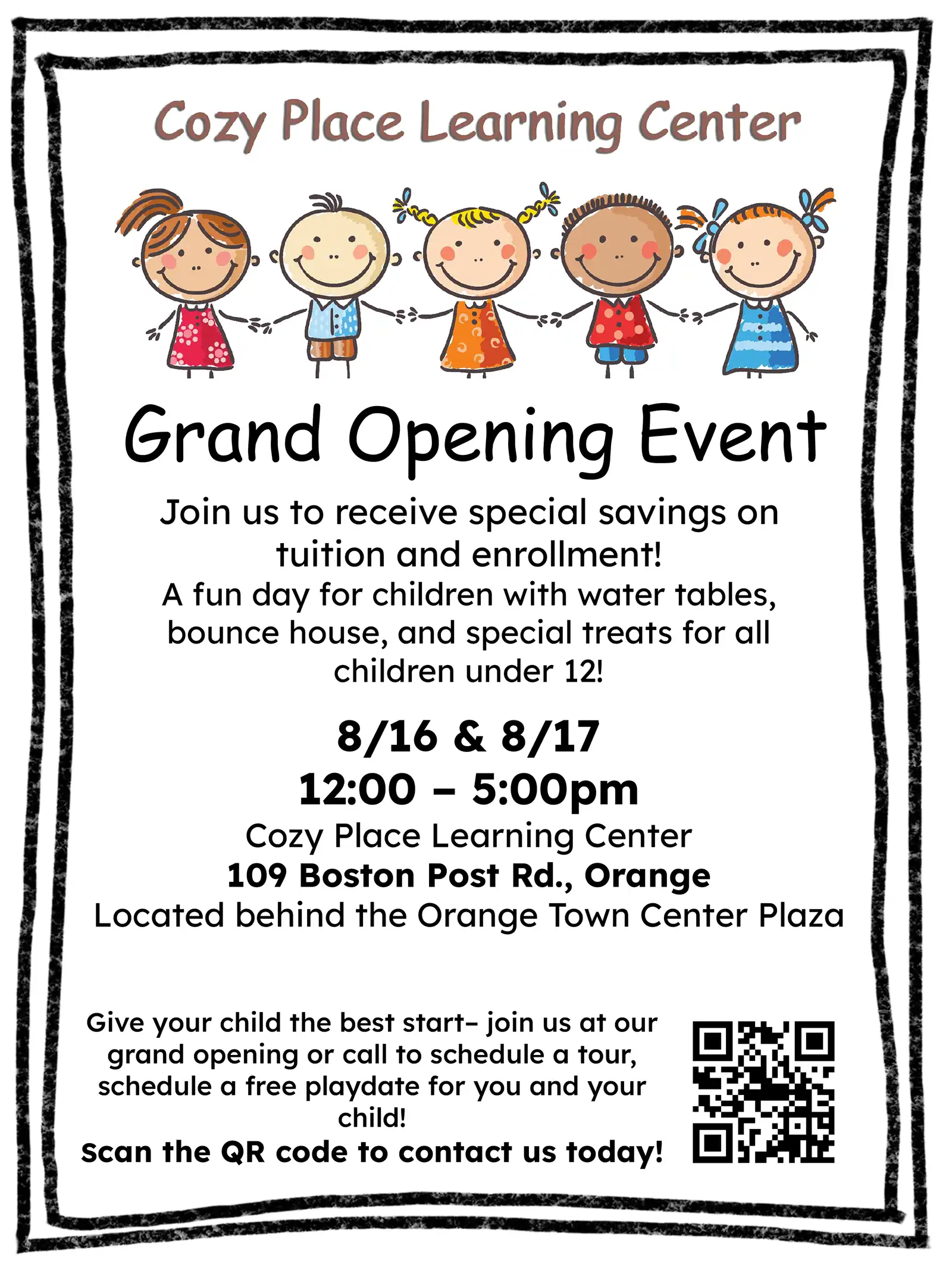 Flyer for Cozy Place Learning Center's grand opening event on August 16-17, featuring family activities, enrollment savings, and location details.