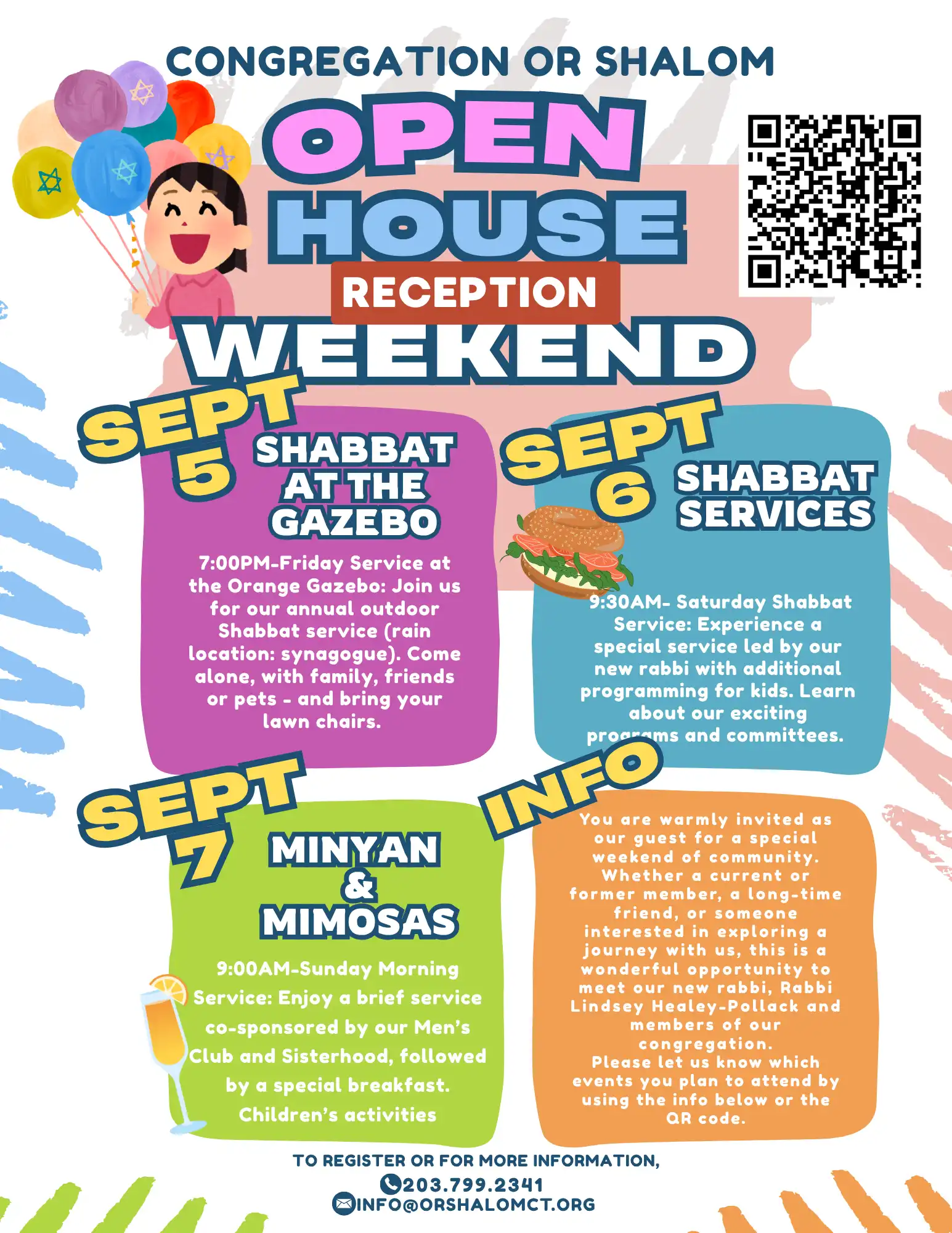 Colorful flyer for Congregation Or Shalom’s Open House Reception Weekend, listing events Sept 5–7 including Shabbat at the Gazebo, services, and breakfast.