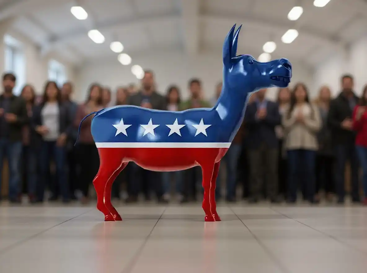 Glossy blue-and-red donkey with white stars stands center stage in a bright hall, with a blurred crowd behind it, symbolizing a Democratic voter forum.