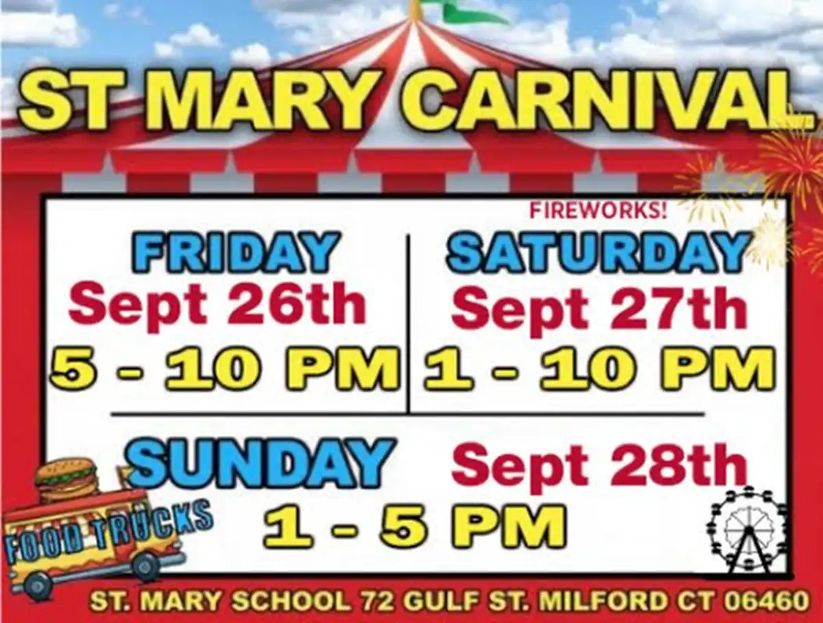 St. Mary School Carnival schedule flyer listing Sept 26–28 times, food trucks, games, raffles, music, and Saturday 9:30 pm fireworks