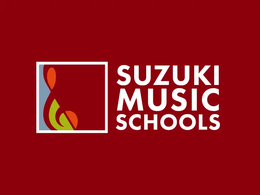  Suzuki Music Schools logo, featuring a red background with a white frame around an abstract musical clef design in orange and green.