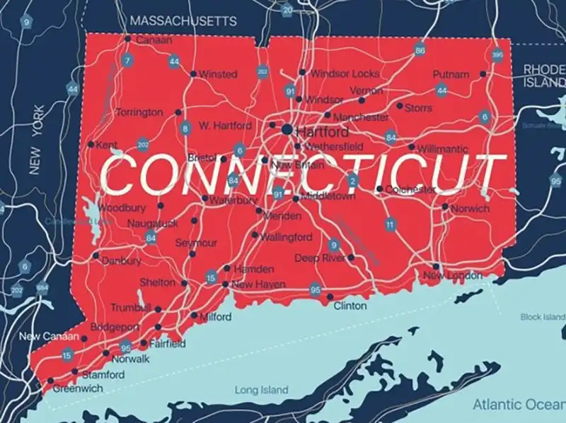 Connecticut state map showing highways, cities, and towns, with bold white “CONNECTICUT” across the red state overlay and coastal Long Island Sound labels