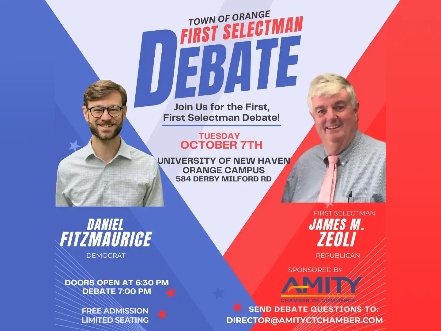 Town of Orange First Selectman Debate, featuring candidates Daniel Fitzmaurice (Democrat) and James M. Zeoli (Republican).