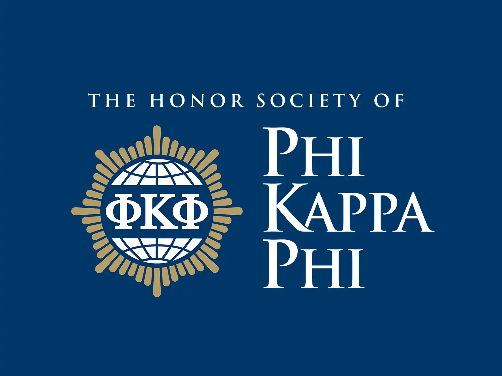 Official logo for The Honor Society of Phi Kappa Phi with the Greek letters ΦΚΦ on a globe surrounded by rays. The background is blue.