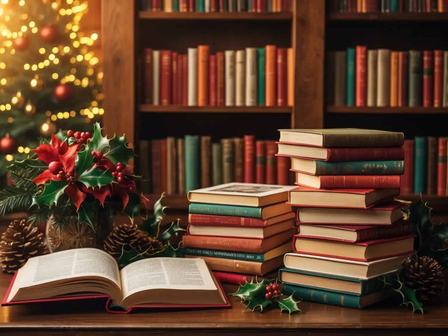 Stacked books on a library table with holly decorations, pinecones, and an open book in the foreground, set against festive lights and a Christmas tree.