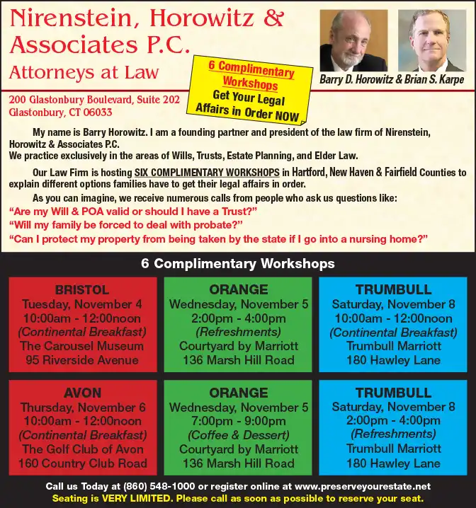 Nirenstein, Horowitz & Associates PC advertisement for workshops