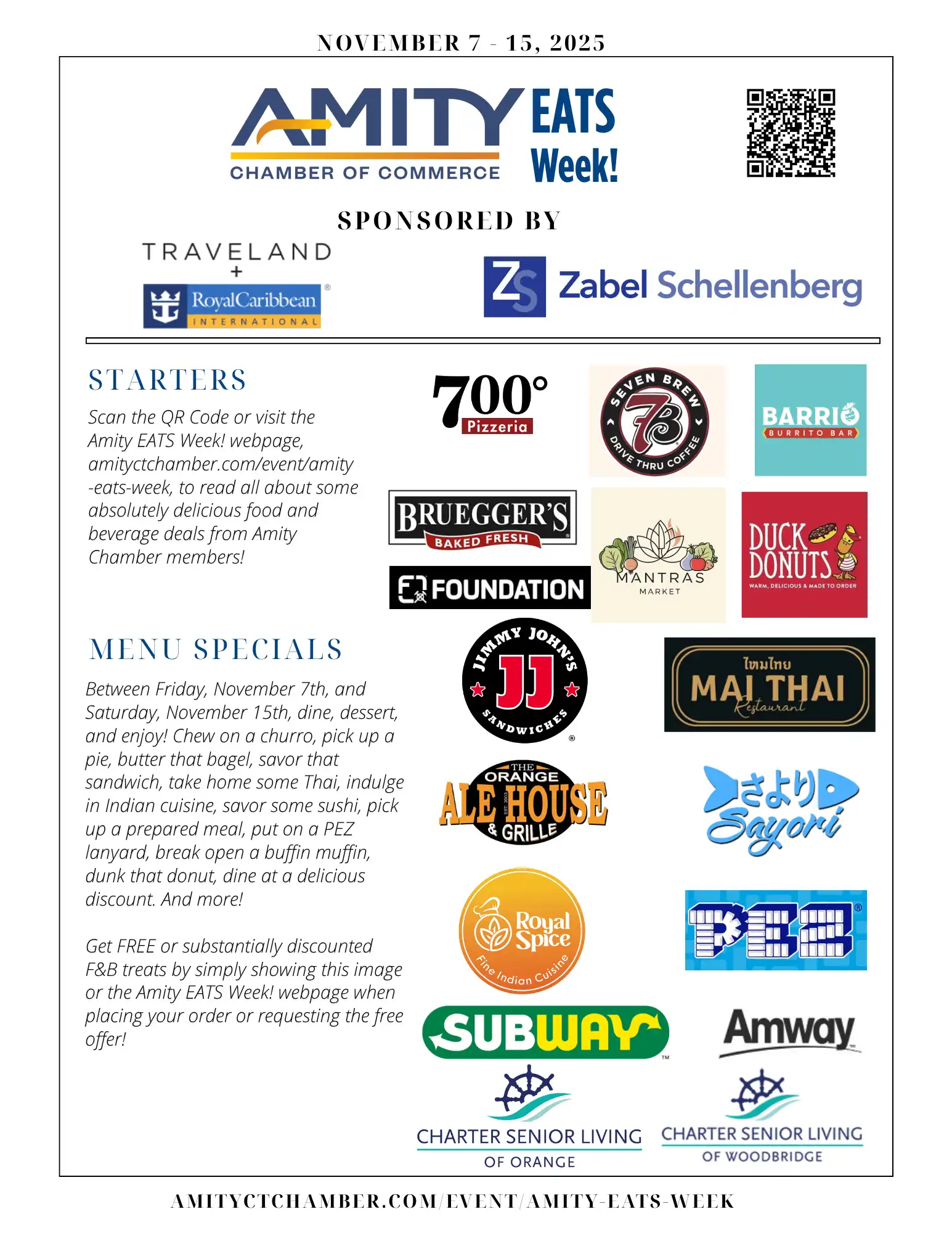Amity EATS Week flyer, November 7-15, 2025, promoting local Amity Chamber of Commerce restaurant food and beverage specials.