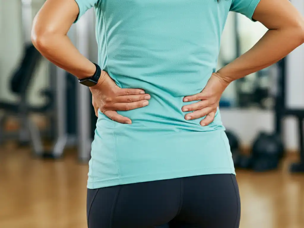 A person in a gym holds their lower back with both hands, suggesting possible back pain or discomfort. They are wearing a teal shirt and black leggings.
