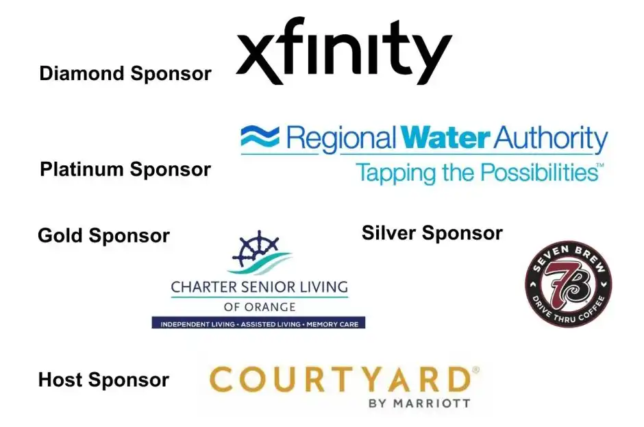 Amity Health & Fitness 2026 sponsors: Xfinity (Diamond), Regional Water Authority (Platinum), Charter Senior Living (Gold), Seven Brew Coffee (Silver), Courtyard by Marriott (Host).