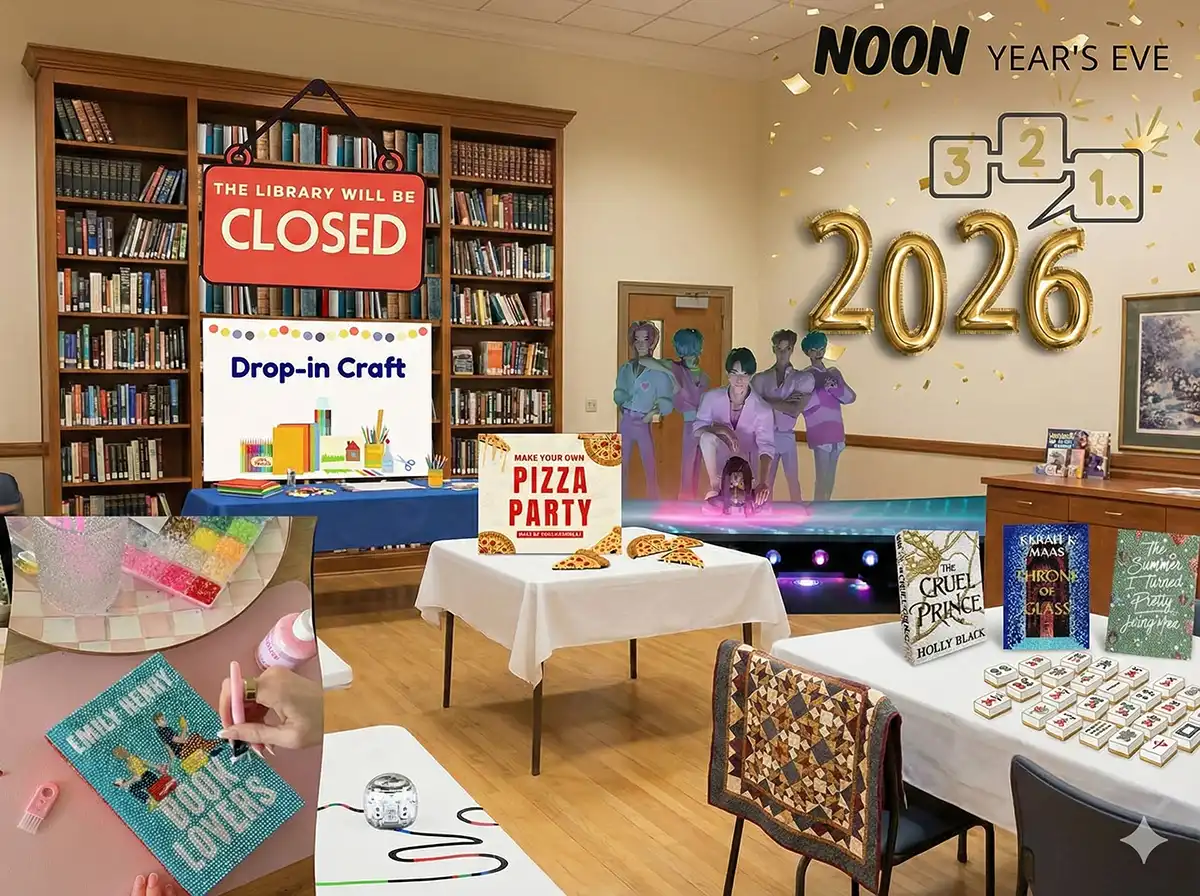 Library collage showing pizza, crafts, YA books, mahjong tiles, and K-pop cutouts in a festive teen party setting.