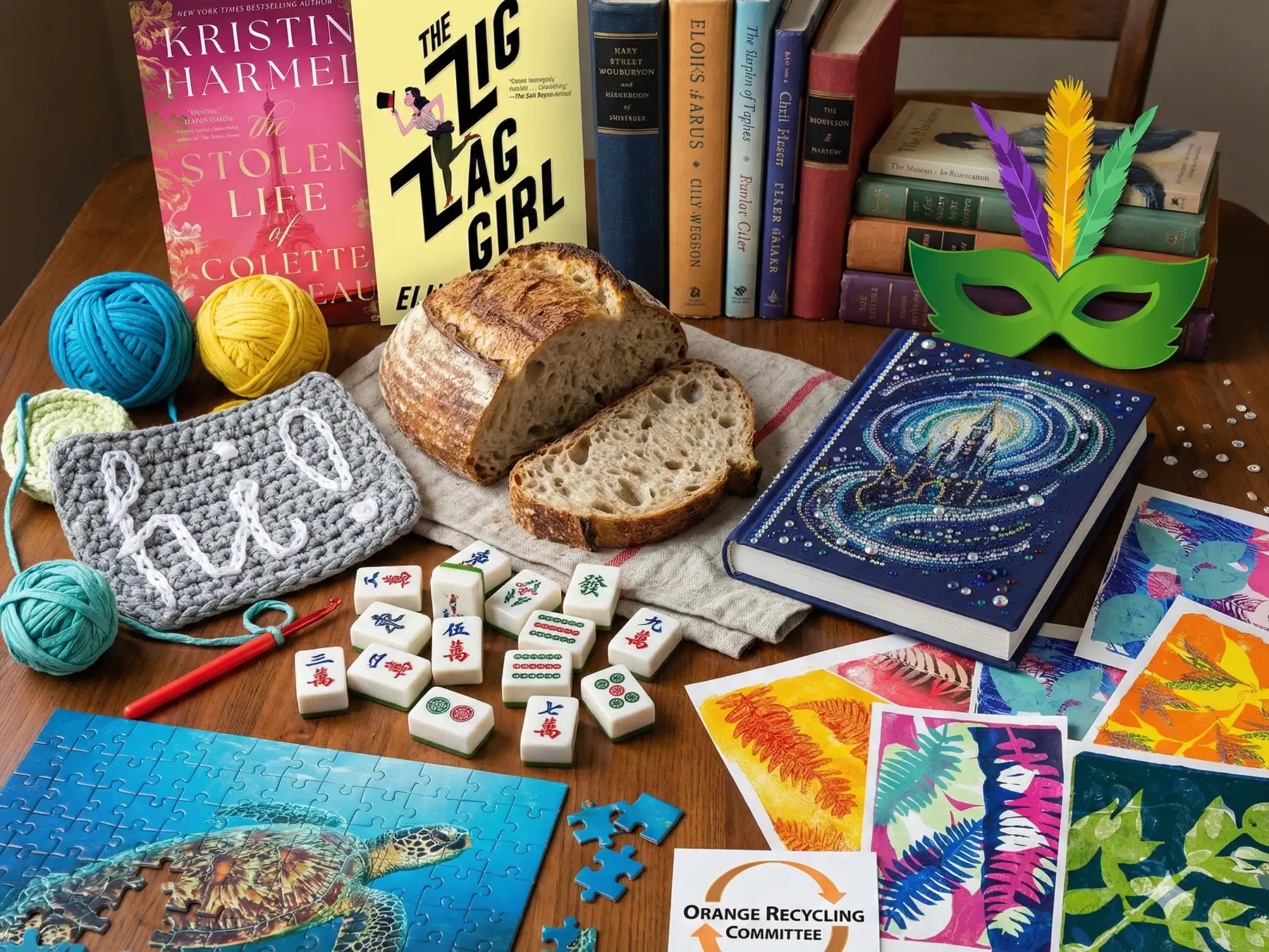 A tabletop collage featuring books, sourdough bread, yarn, mahjong tiles, a sea turtle puzzle, colorful art prints, and a green masquerade mask.