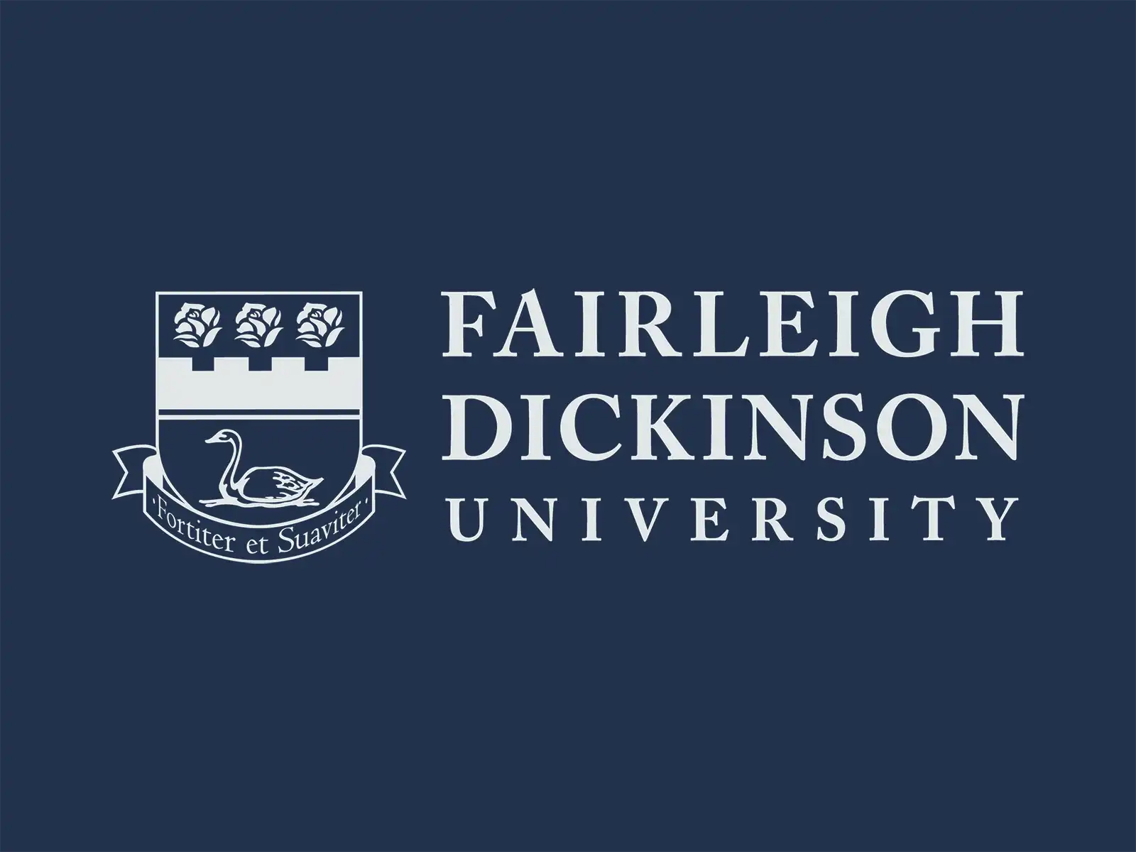 Fairleigh Dickinson University logo featuring a blue and white crest with a swan, roses, and the Latin motto Fortiter et Suaviter on a dark navy background.