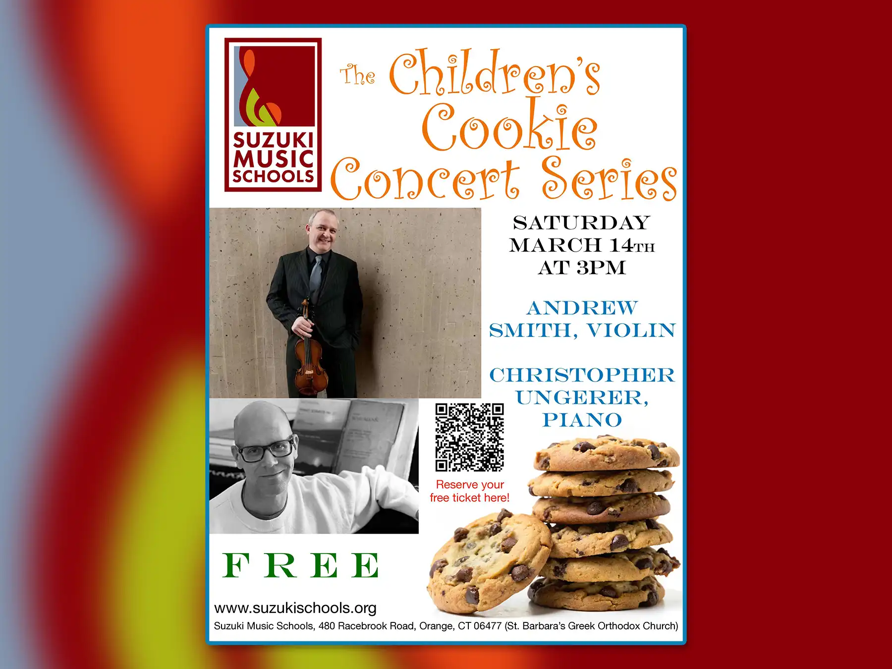 Suzuki Music Schools Cookie Concert flyer for March 14 at 3PM in featuring Andrew Smith on violin and Christopher Ungerer on piano.