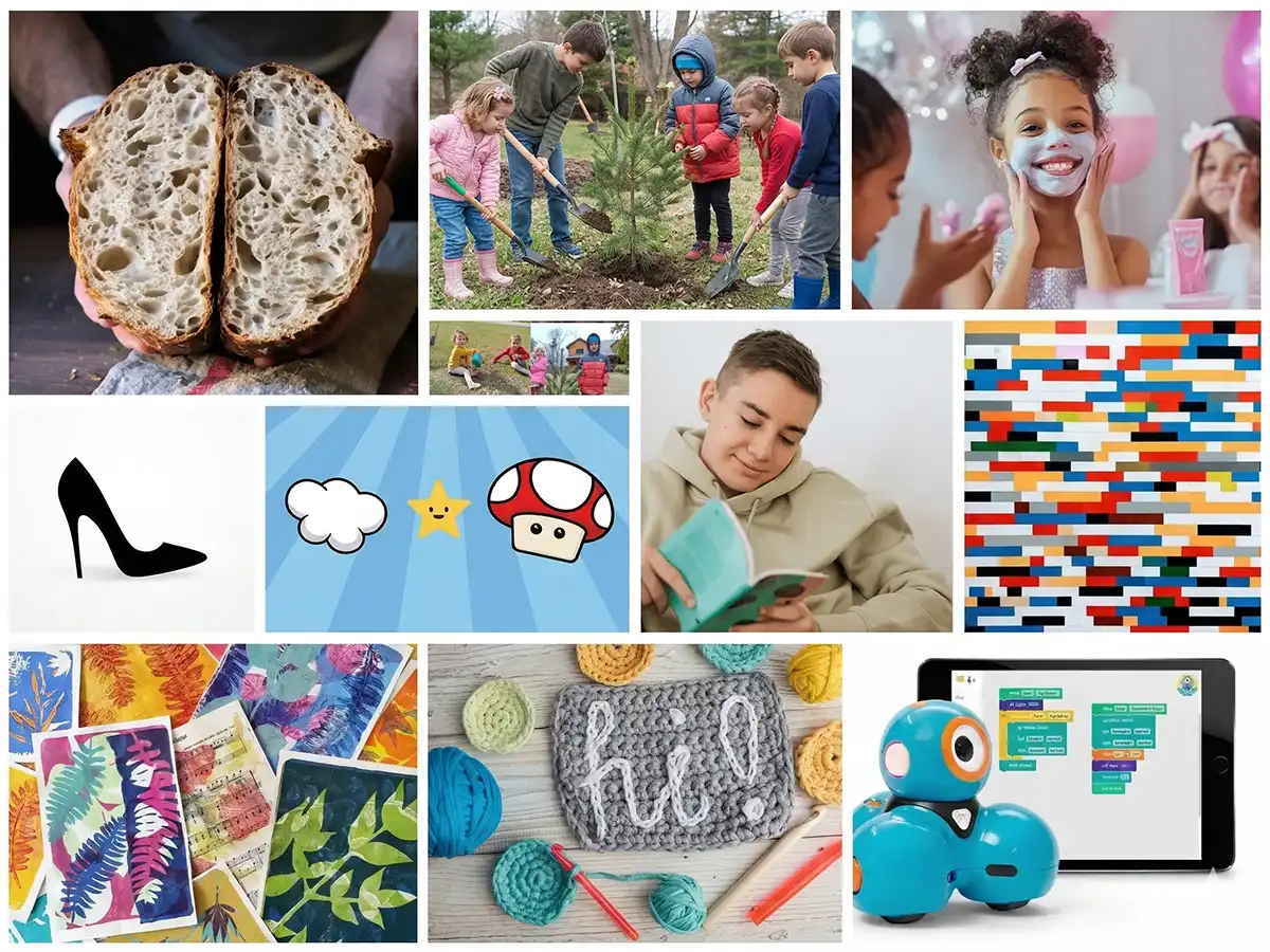 A collage of library activities including bread baking, tree planting, spa night, reading, crafts, crochet, leaf prints, video‑game icons, and kids’ coding robots.