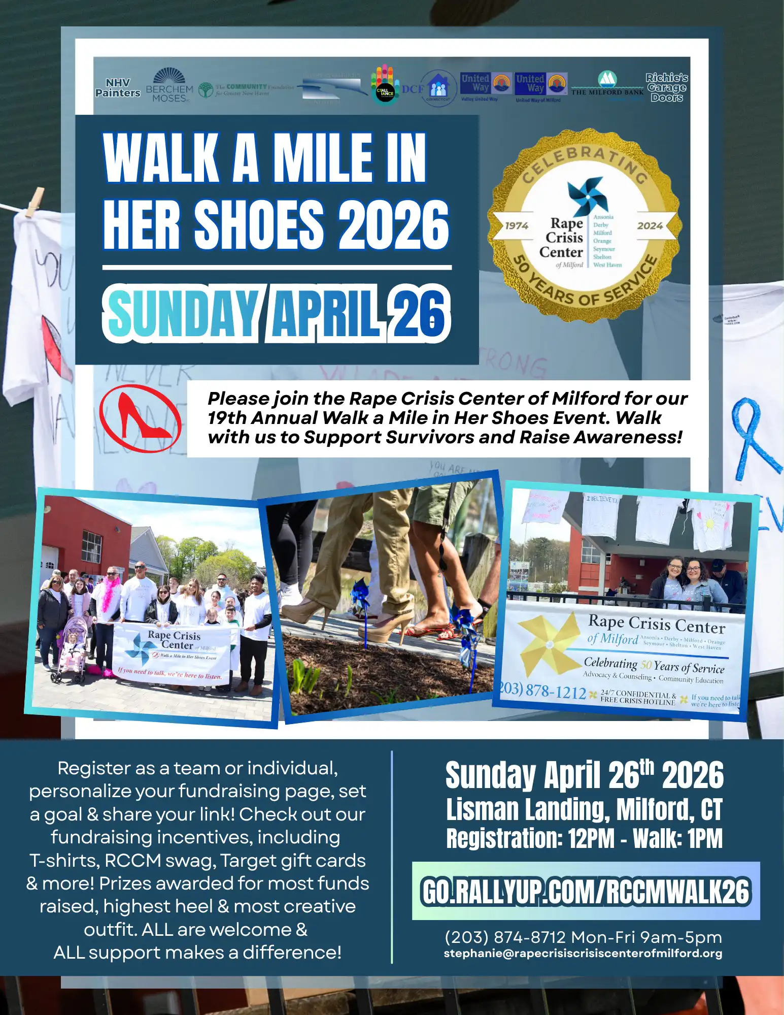 Event flyer for the 19th Annual Walk a Mile in Her Shoes on April 26, 2026, in Milford, CT. Includes registration info, event times, and contact details.