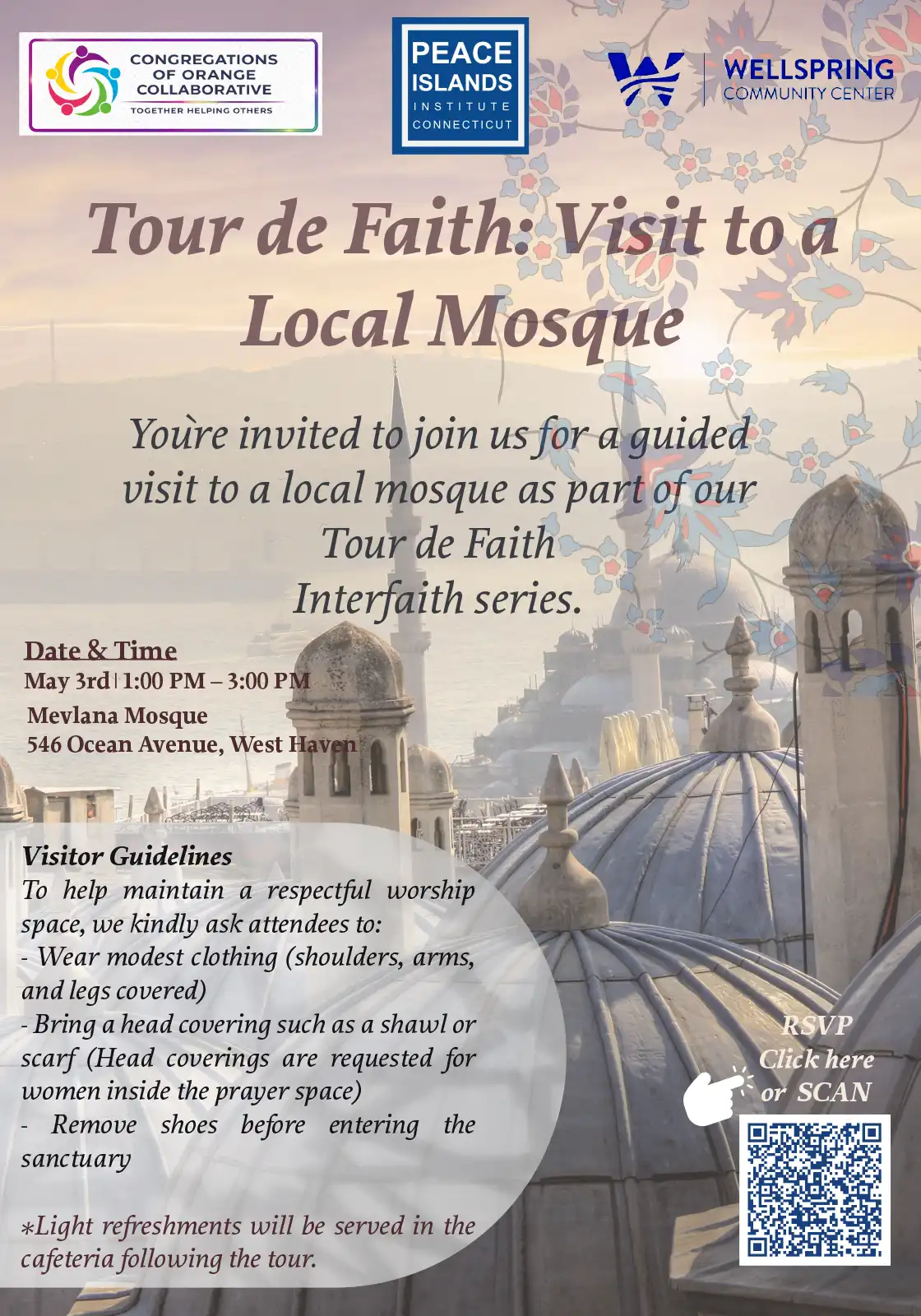 Event flyer for the Tour de Faith guided visit to Mevlana Mosque in West Haven on May 3rd. Includes schedule, visitor guidelines, and an RSVP QR code.