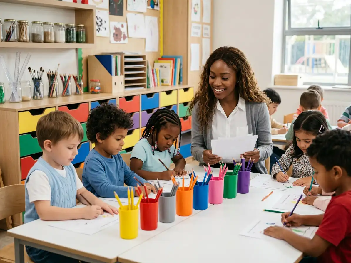 A smiling teacher assists a diverse group of young children drawing with colorful pencils at a long white table in a modern, bright classroom setting.