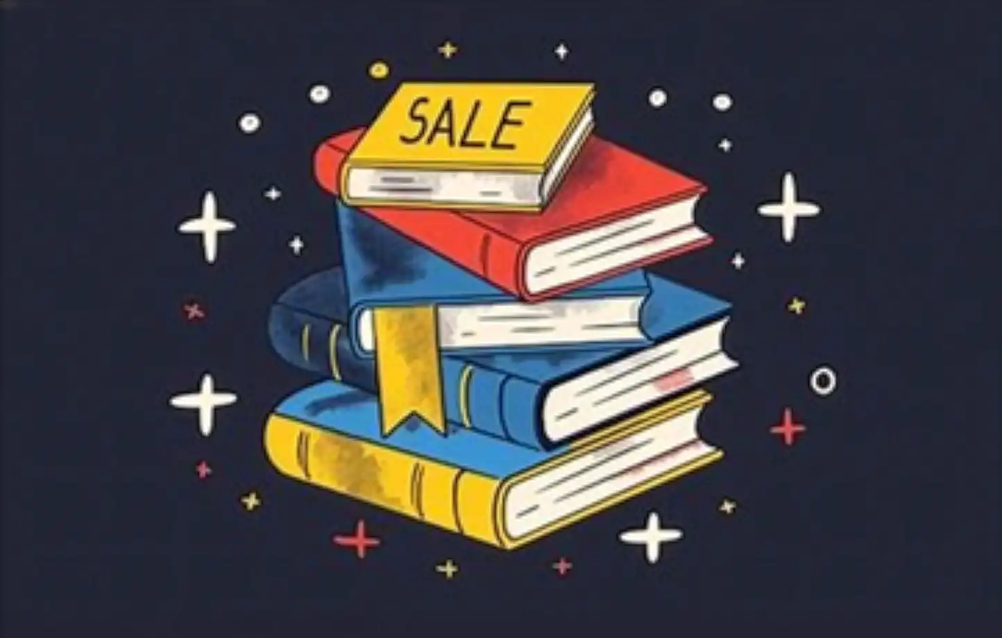 An illustration of a stack of colorful books with a yellow "SALE" book on top, surrounded by stars and sparkles on a dark blue background.