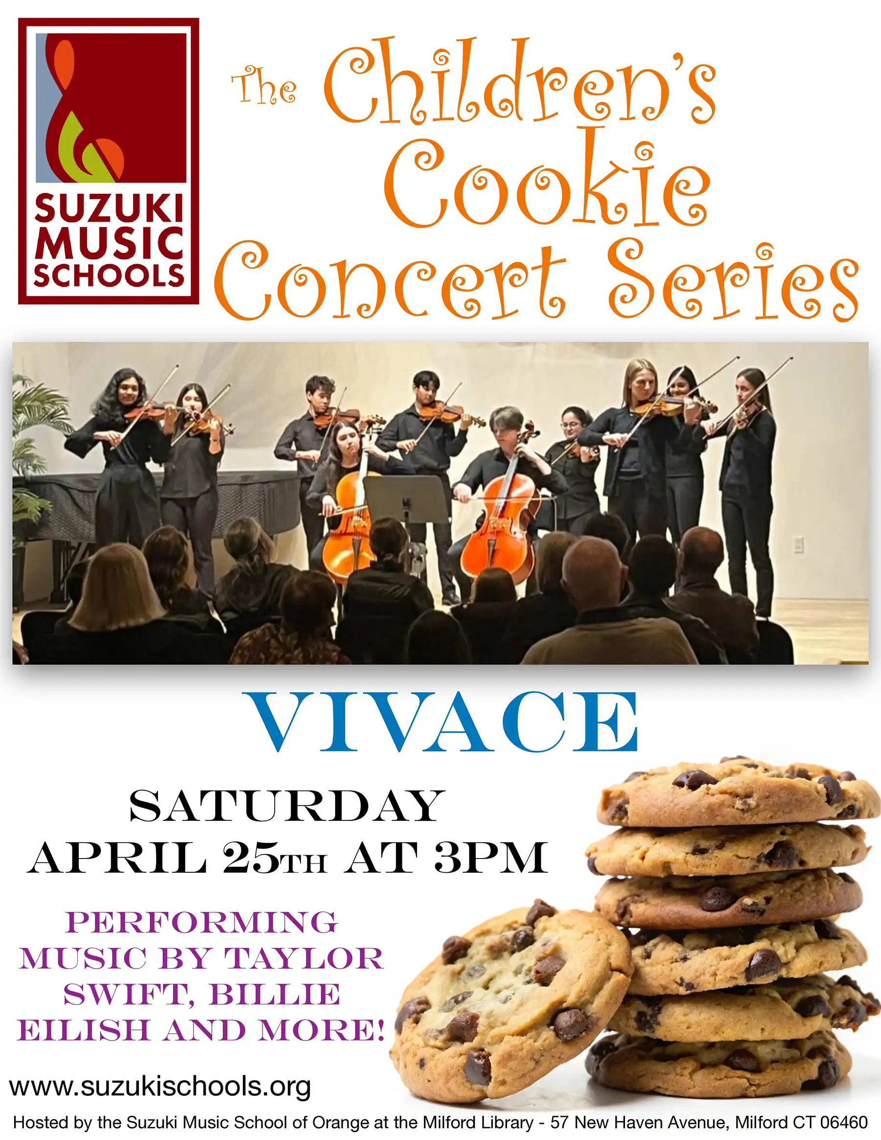 A poster for The Children's Cookie Concert Series, featuring a string ensemble, "VIVACE," and a stack of cookies for an April 25 event at Milford Library.