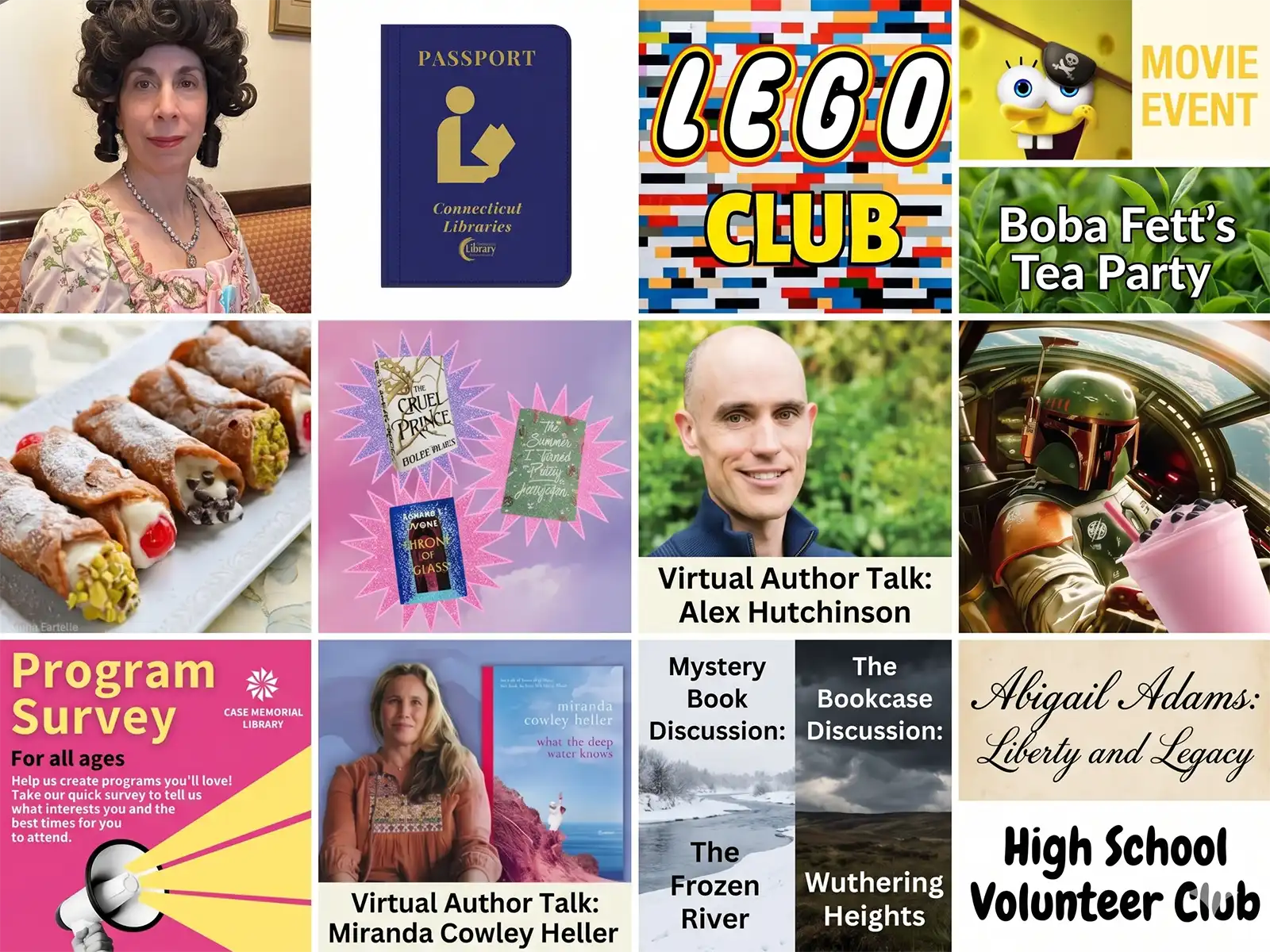 A 12-block collage from the Case Memorial Library featuring images of Boba Fett drinking boba tea, Spongebob as a pirate, cannoli, and author event details.