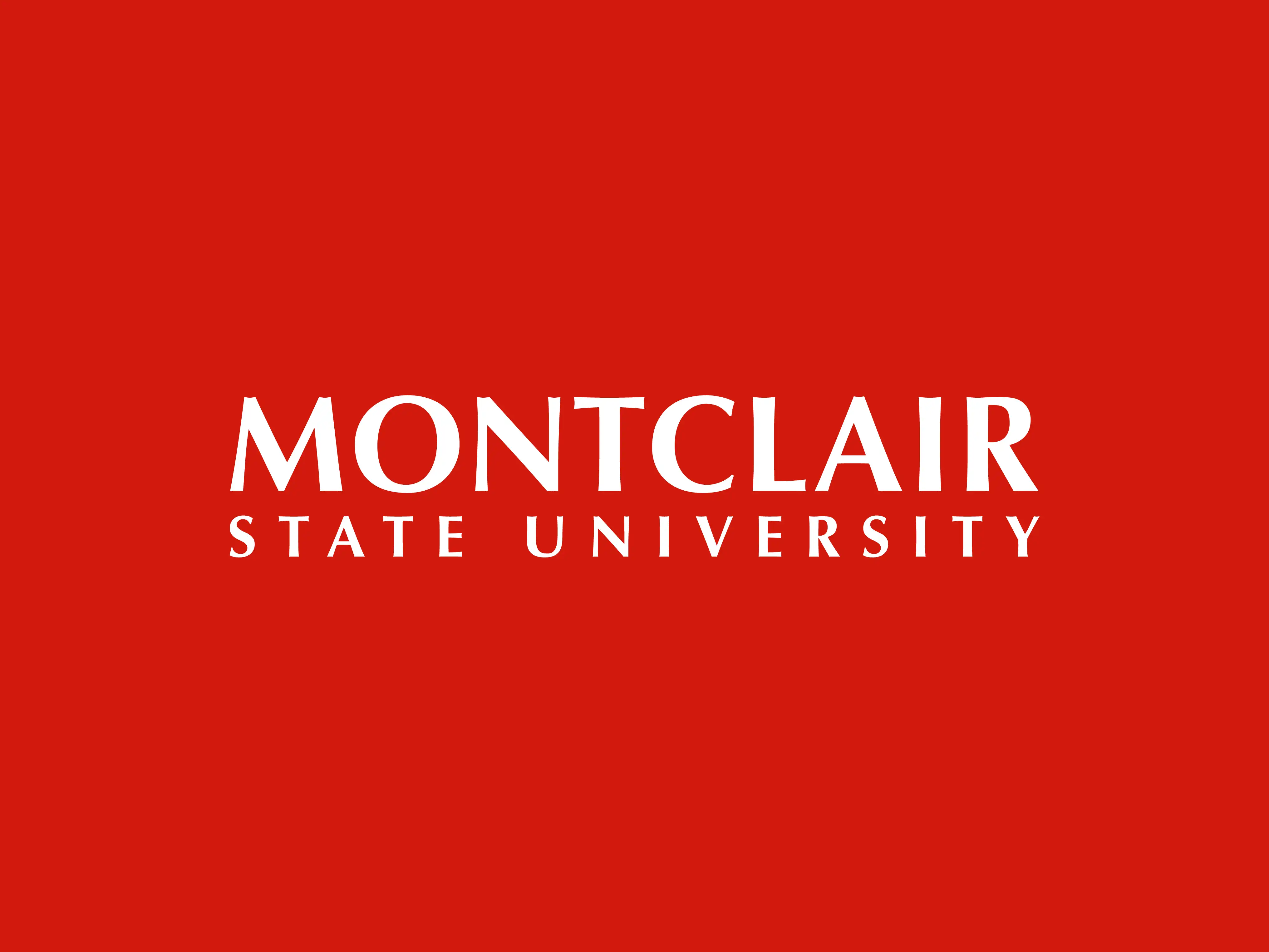 White Montclair State University logo centered on a solid red background, featuring bold serif typography for "MONTCLAIR" and "STATE UNIVERSITY" below it.