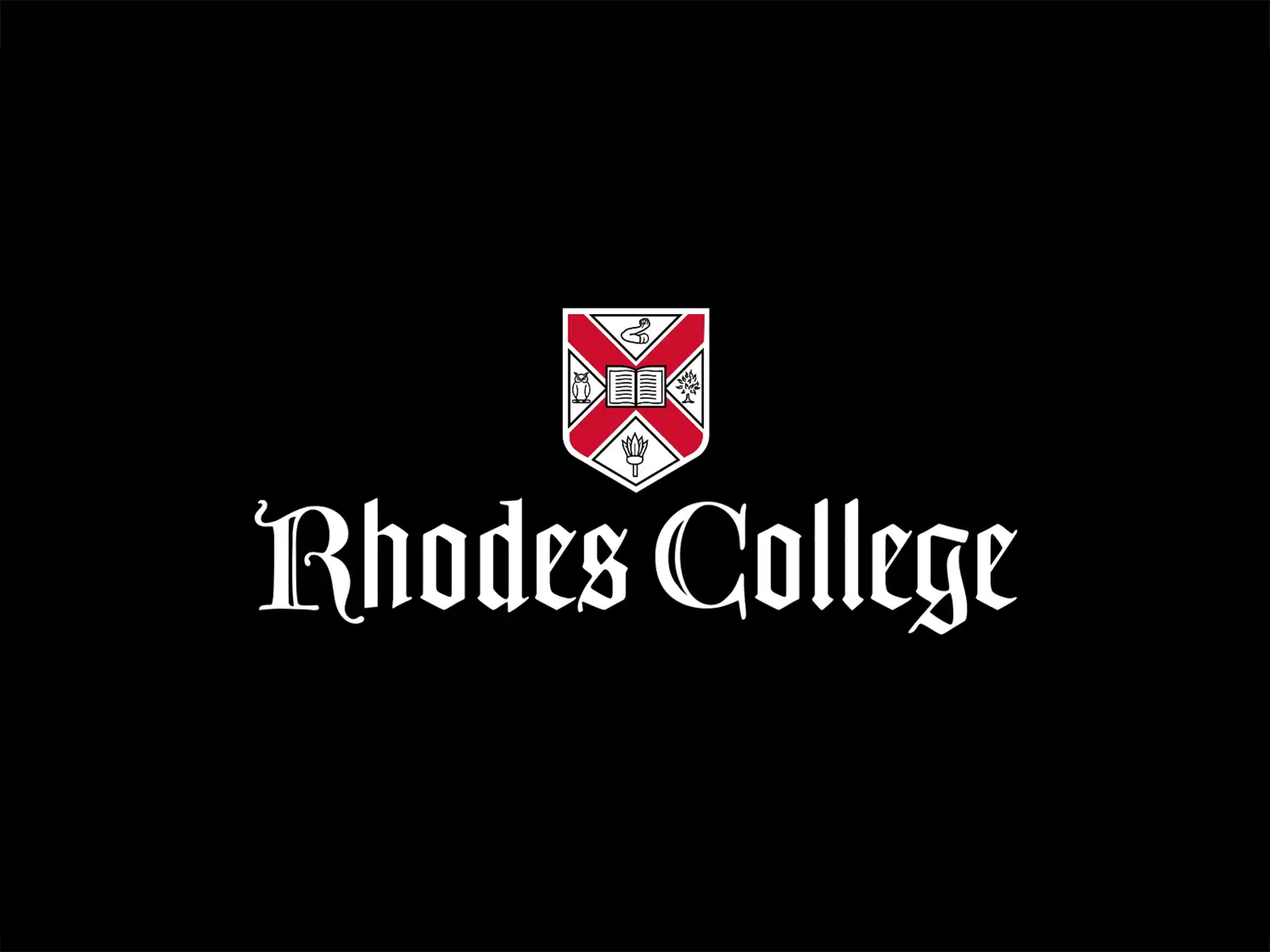 Rhodes College official logo featuring a white and red shield crest, centered on a solid black background.