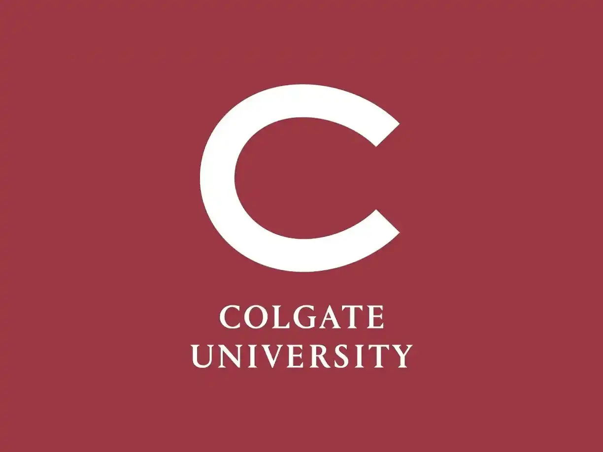 Colgate University logo featuring a large white capital letter C above the school name text, centered on a solid maroon background.