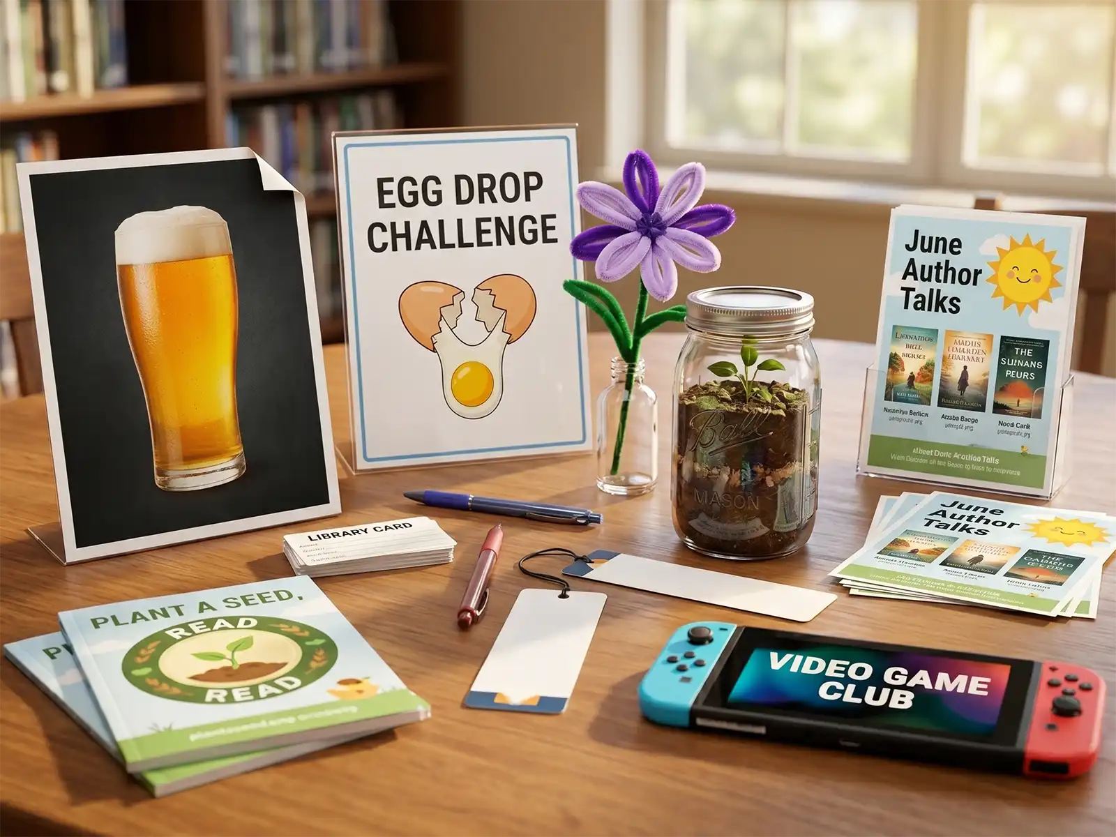 A library table displaying promotional signs for events like an egg drop challenge and author talks, alongside a video game console and a jar.