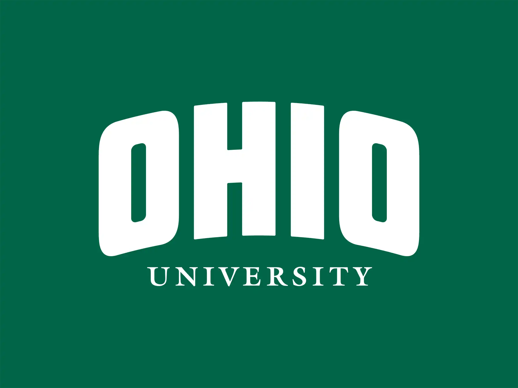 Official Ohio University logo featuring white arched text reading OHIO with UNIVERSITY centered below on a solid dark green background.