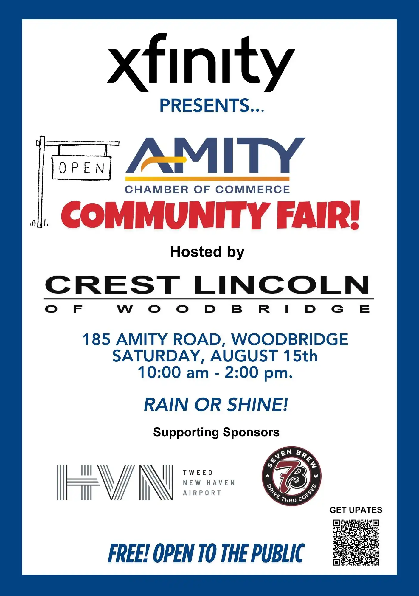 Flyer for Amity Chamber Community Fair presented by Xfinity on Saturday, August 15 at Crest Lincoln of Woodbridge, CT. Open to public.