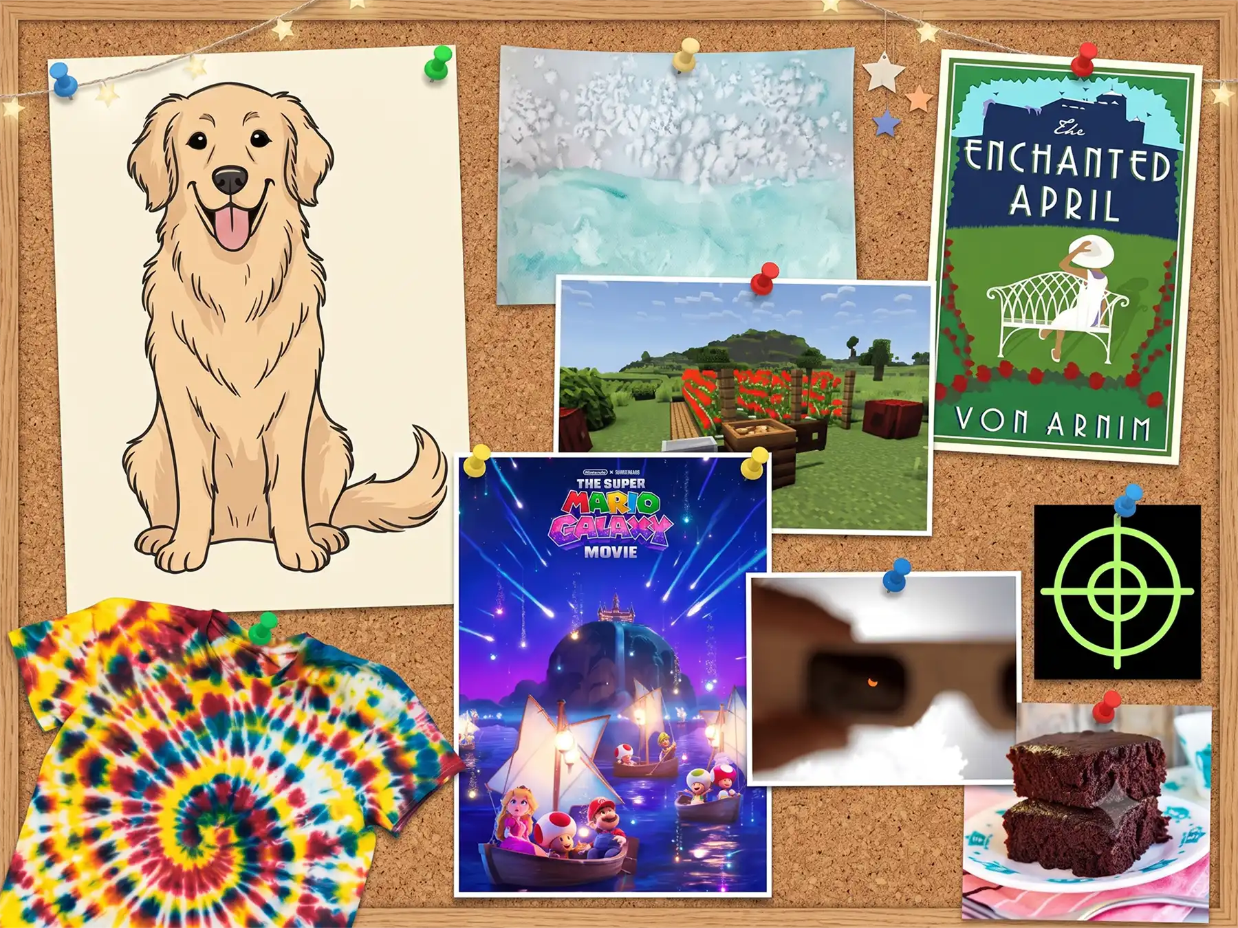 A cork bulletin board collage with pinned items: a dog illustration, book cover, Minecraft scene, Mario movie poster, tie-dye shirt, and brownies.