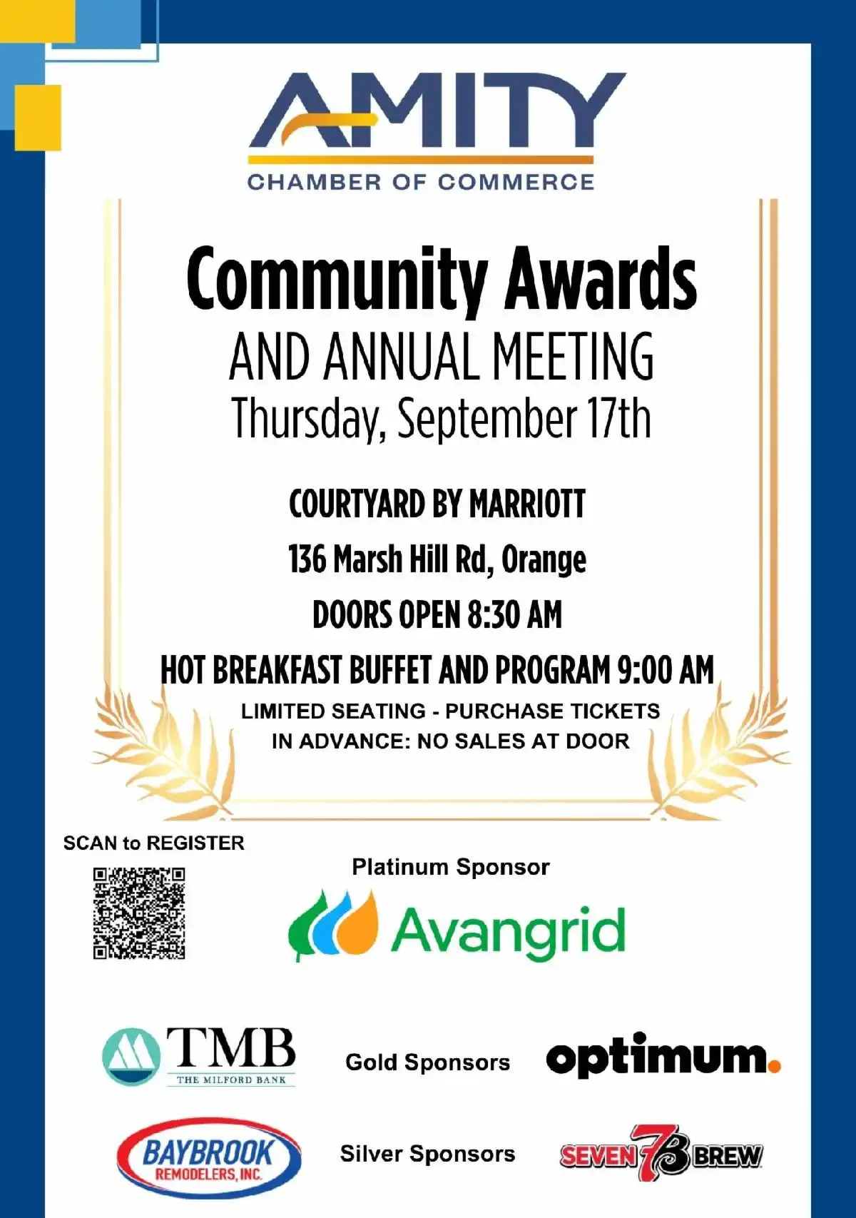 Flyer for the Amity Chamber of Commerce Community Awards and Annual Meeting on Sept 17th at Courtyard by Marriott, including sponsor logos and details.