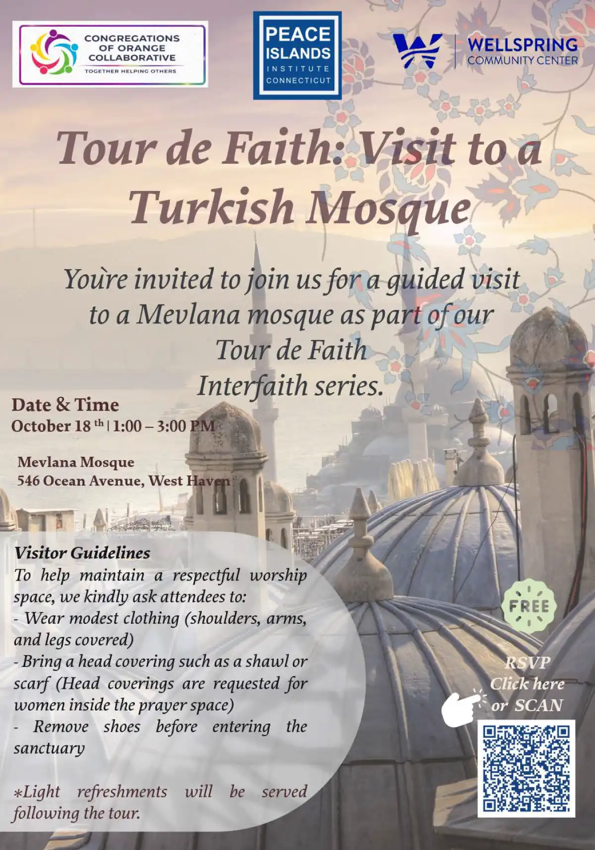 Event flyer for Tour de Faith visit to Mevlana Mosque in West Haven on October 18, detailing visitor guidelines and registration for the guided tour.