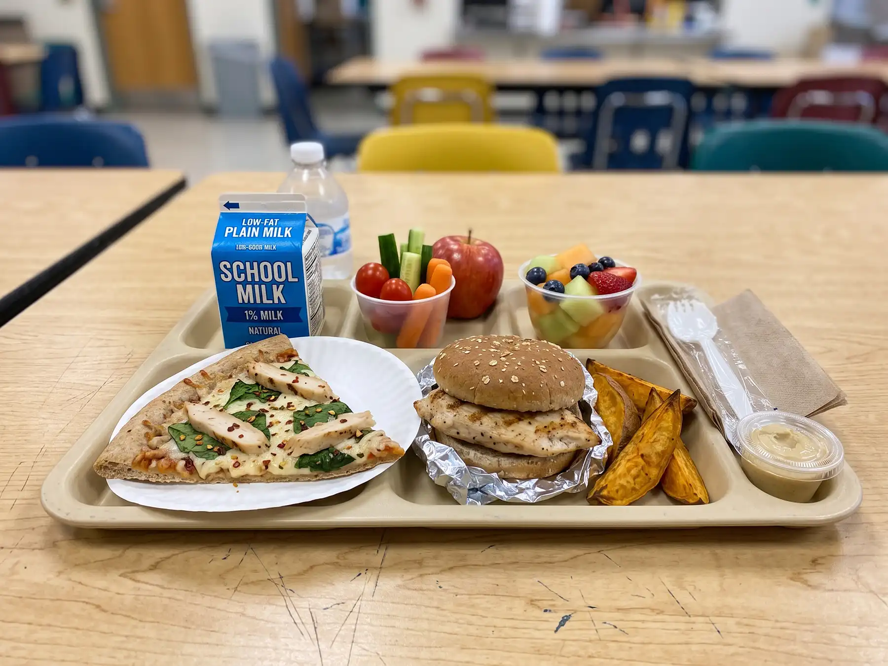 School lunch tray in a cafeteria featuring a chicken and spinach pizza, grilled chicken sandwich, sweet potato wedges, and mixed fruit and vegetables.