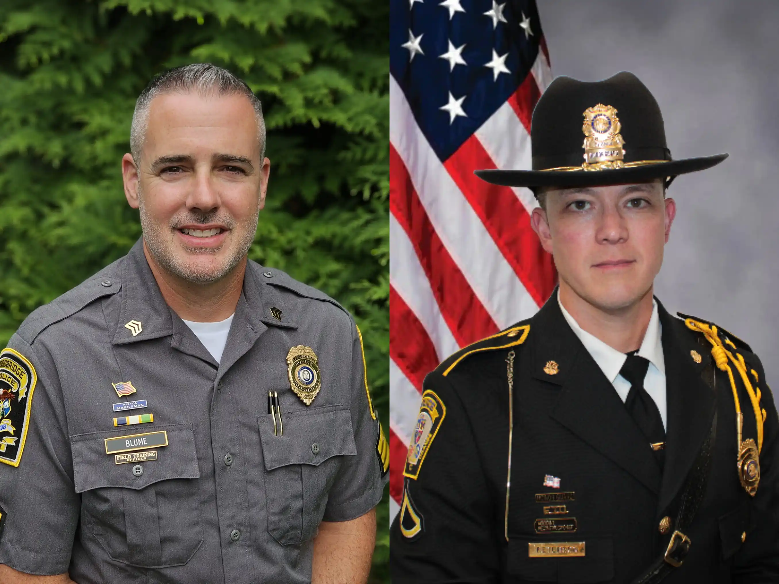 Side-by-side portraits of Woodbridge Police Sgt. Michael Blume in a grey uniform and Orange Police Det. Denny Peterson in a formal dress uniform.