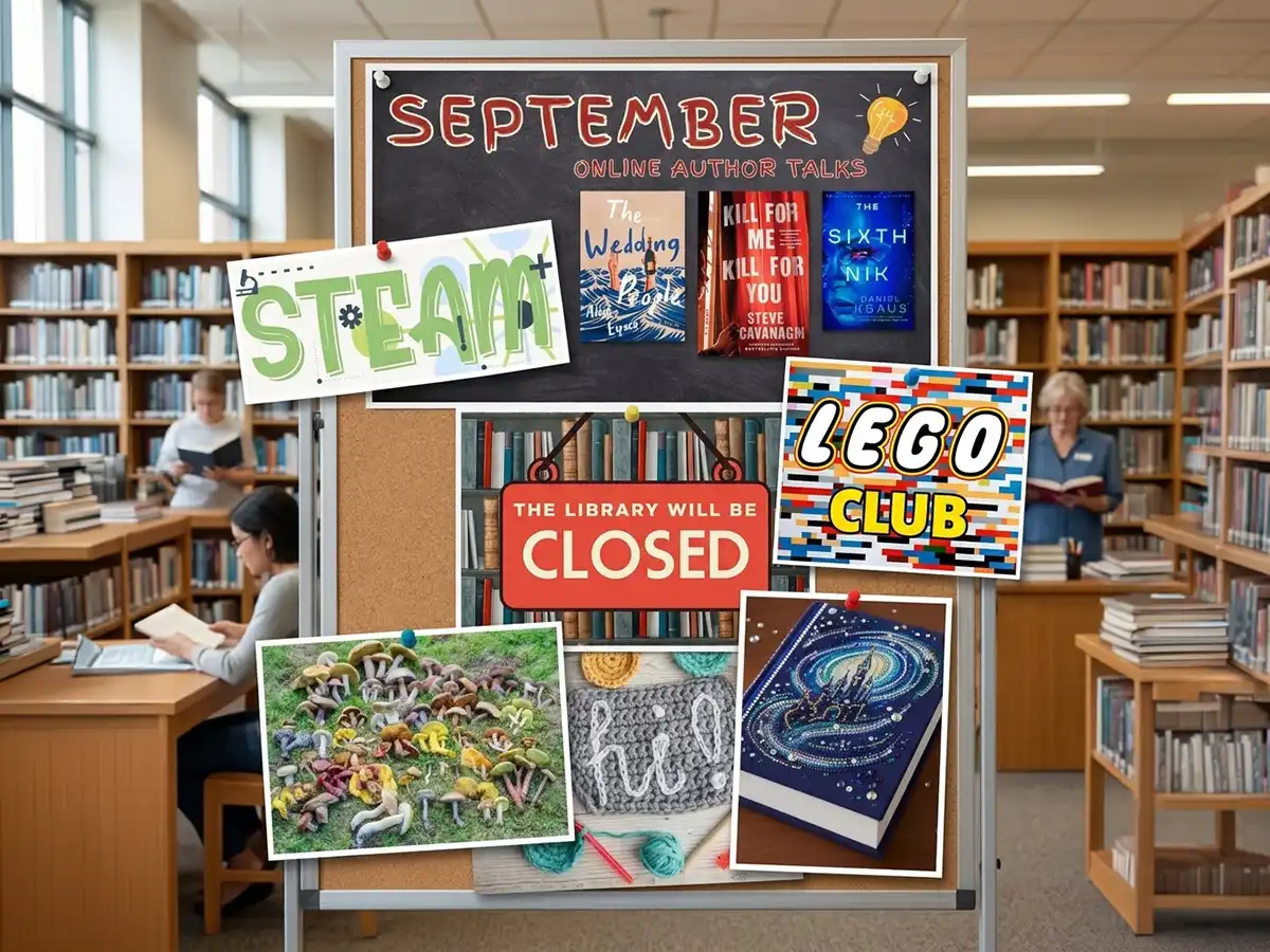 A library bulletin board advertising September events, including author talks, a STEAM program, a Lego club, and a mushroom field guide.