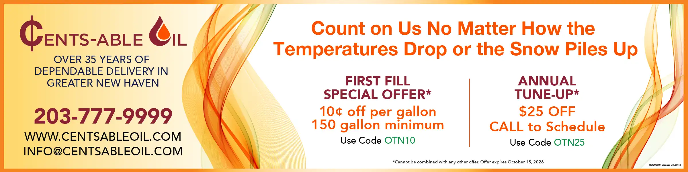 Cents-able Oil Orange heating banner offering 10 cents off per gallon with code OTN10 and $25 off annual HVAC tune-ups using code OTN25.