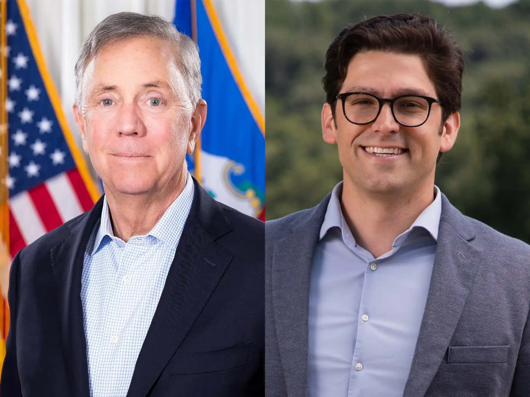Side-by-side portraits of Connecticut Governor Ned Lamont in a dark blazer and State Senator Ryan Fazio wearing glasses and a gray suit jacket.