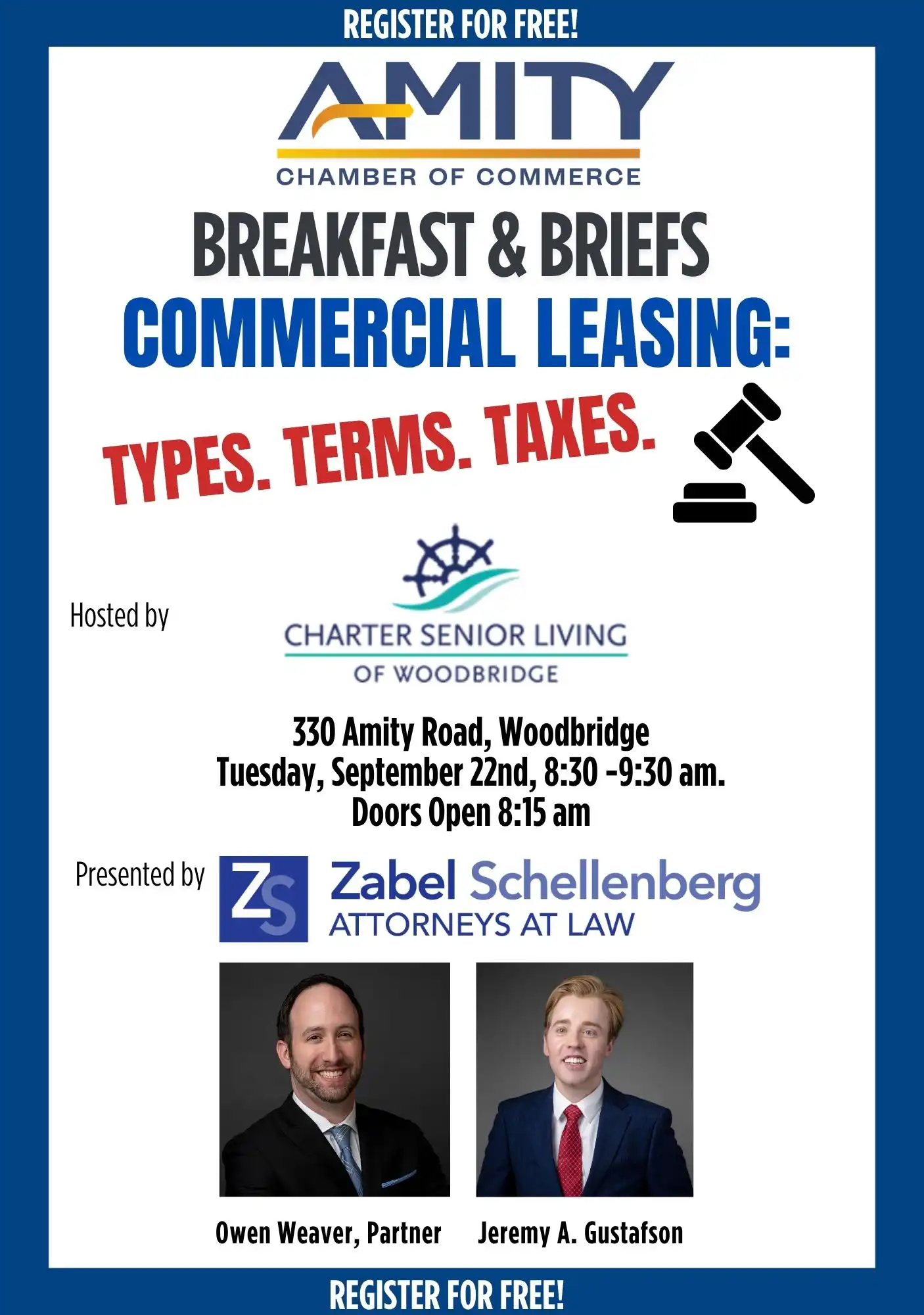 Flyer for Amity Chamber Breakfast and Briefs seminar on commercial leasing types, terms, and taxes at Charter Senior Living in Woodbridge on Sept. 22.