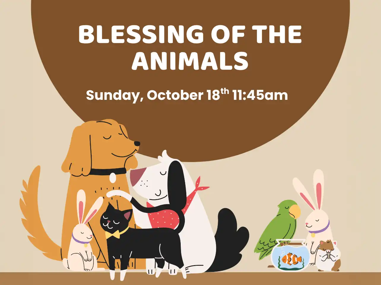 Illustrated flyer for Blessing of the Animals on October 18 featuring dogs, cats, rabbits, a parrot, hamster, and a clownfish in a bowl.