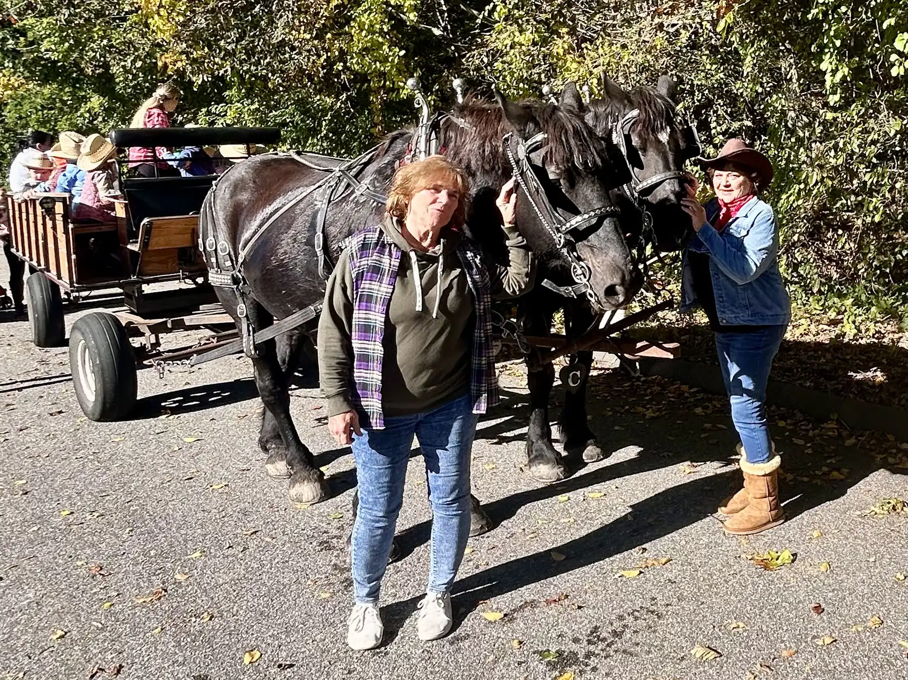 Two women stand beside black draft horses, Ben and Jerry, pulling a wagon full of children during the annual Holly Hill Childcare fall hayride.