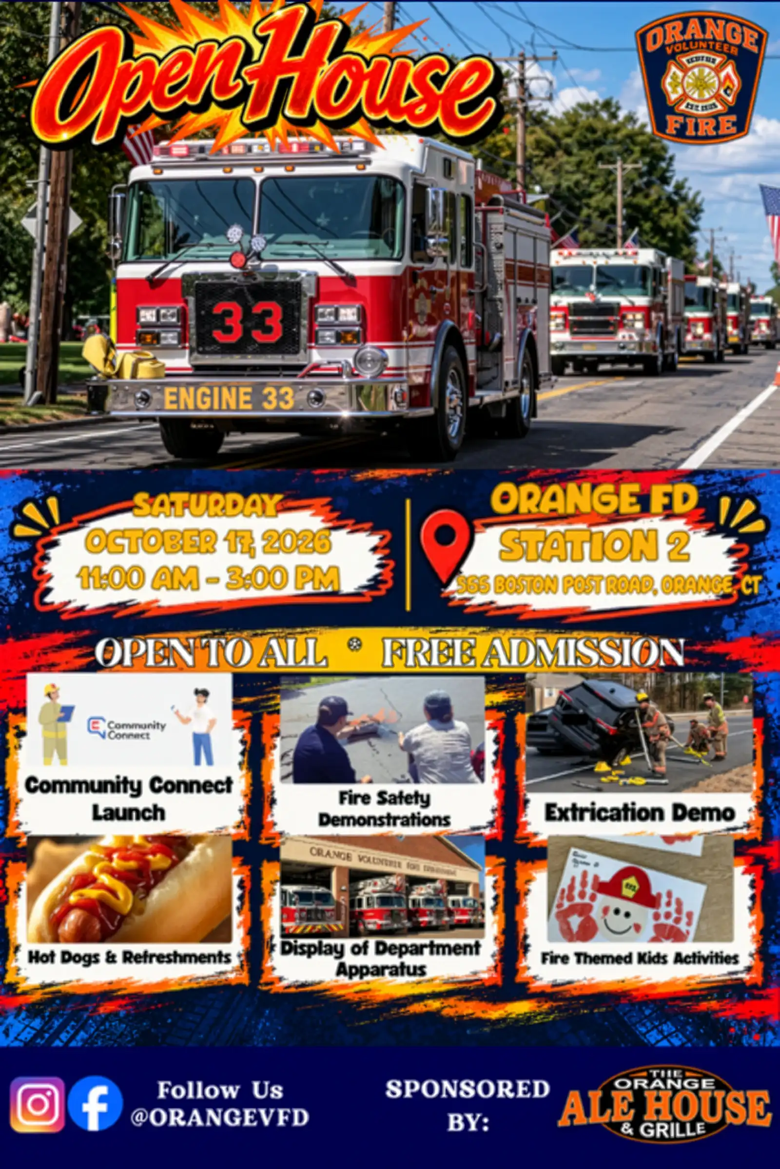 Flyer for Orange Volunteer Fire Department Open House with fire truck Engine 33, event details, safety demos, and Community Connect launch. 