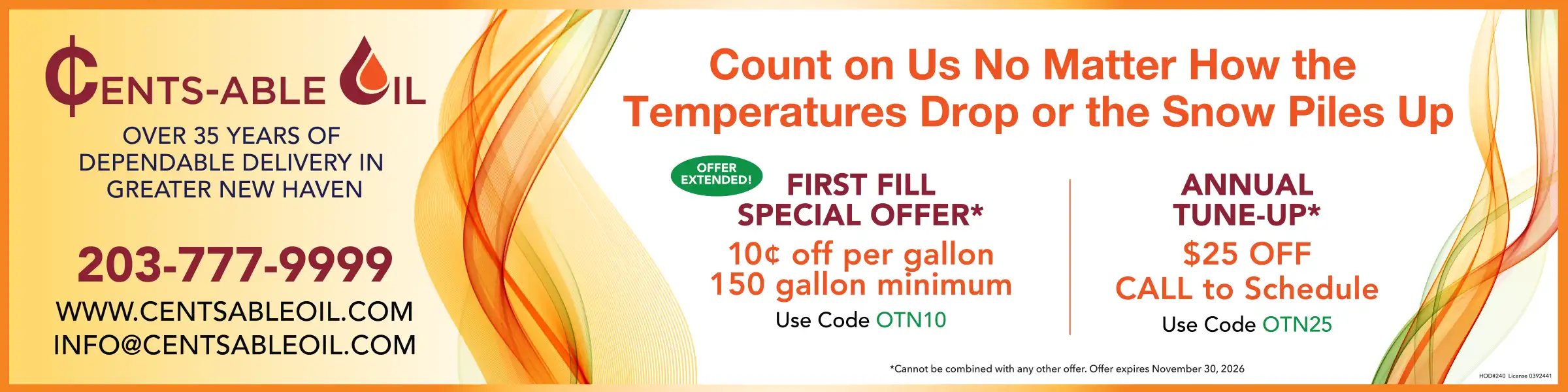 Cents-able Oil Orange heating banner offering 10 cents off per gallon with code OTN10 and $25 off annual HVAC tune-ups using code OTN25.